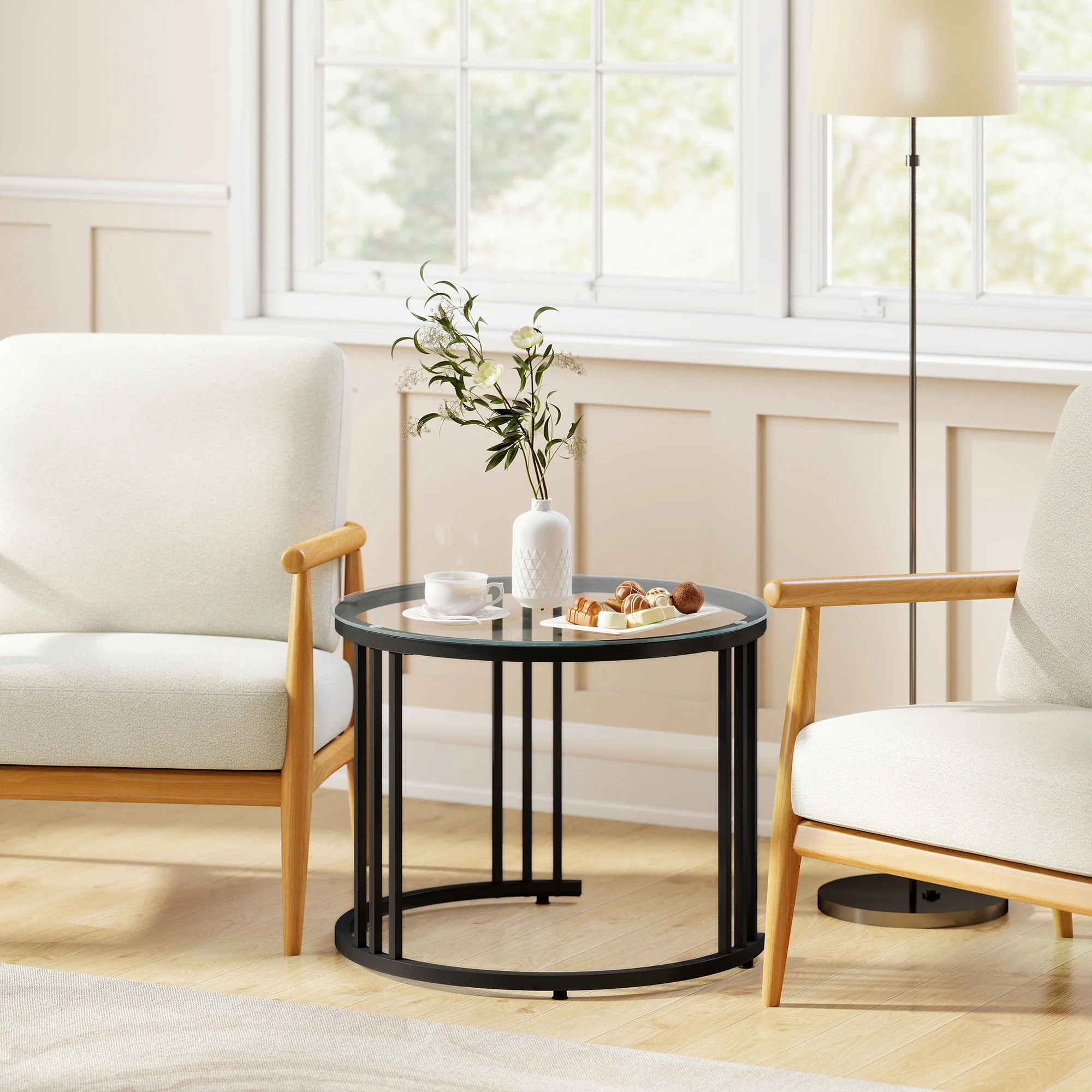 HOMCOM 2 Pieces Round Nesting Coffee Tables With Tempered Glass Top, Black - Image 9