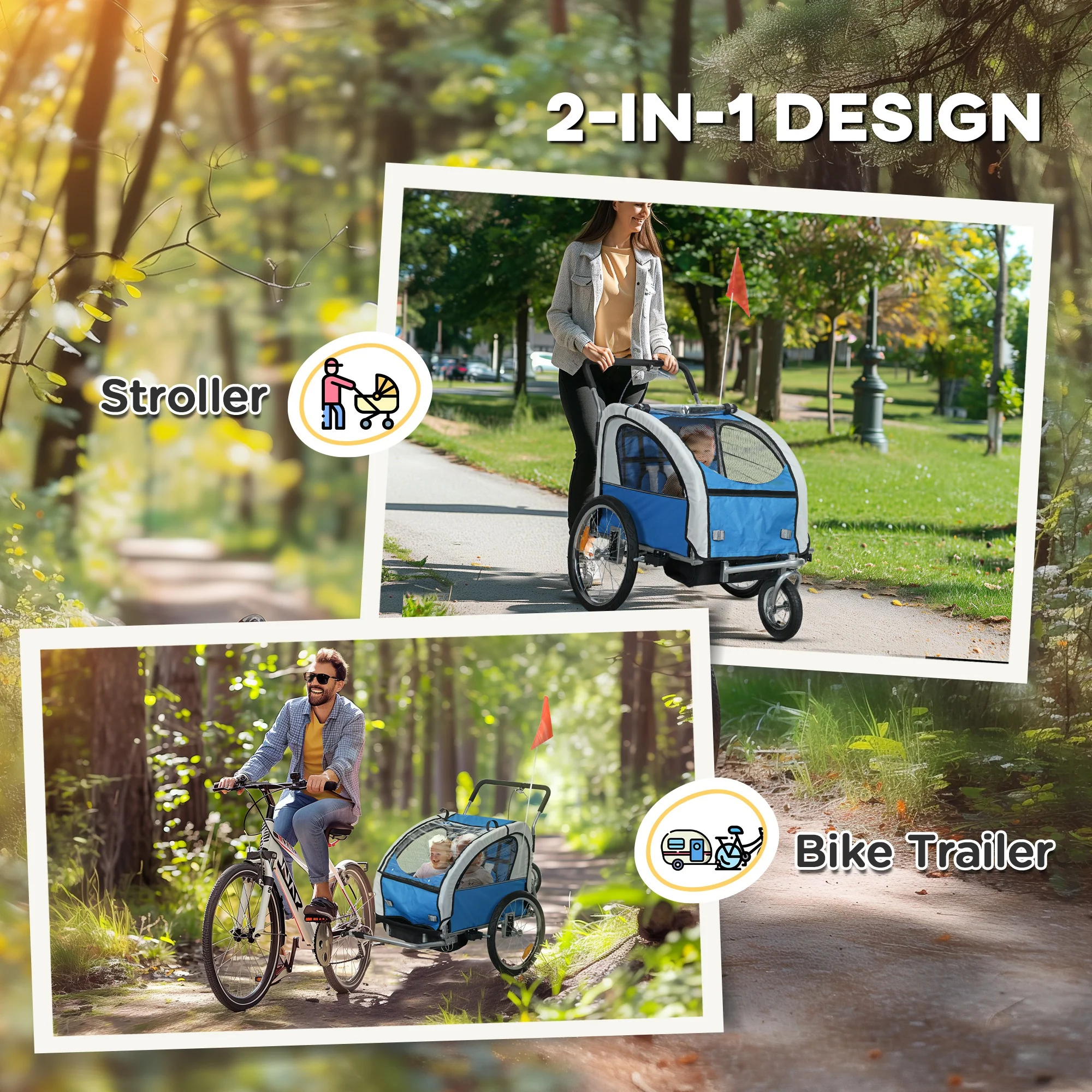 HOMCOM 2 Seat Bike Trailer with 5 Point Harness, for 18+ Months, Blue - Image 3