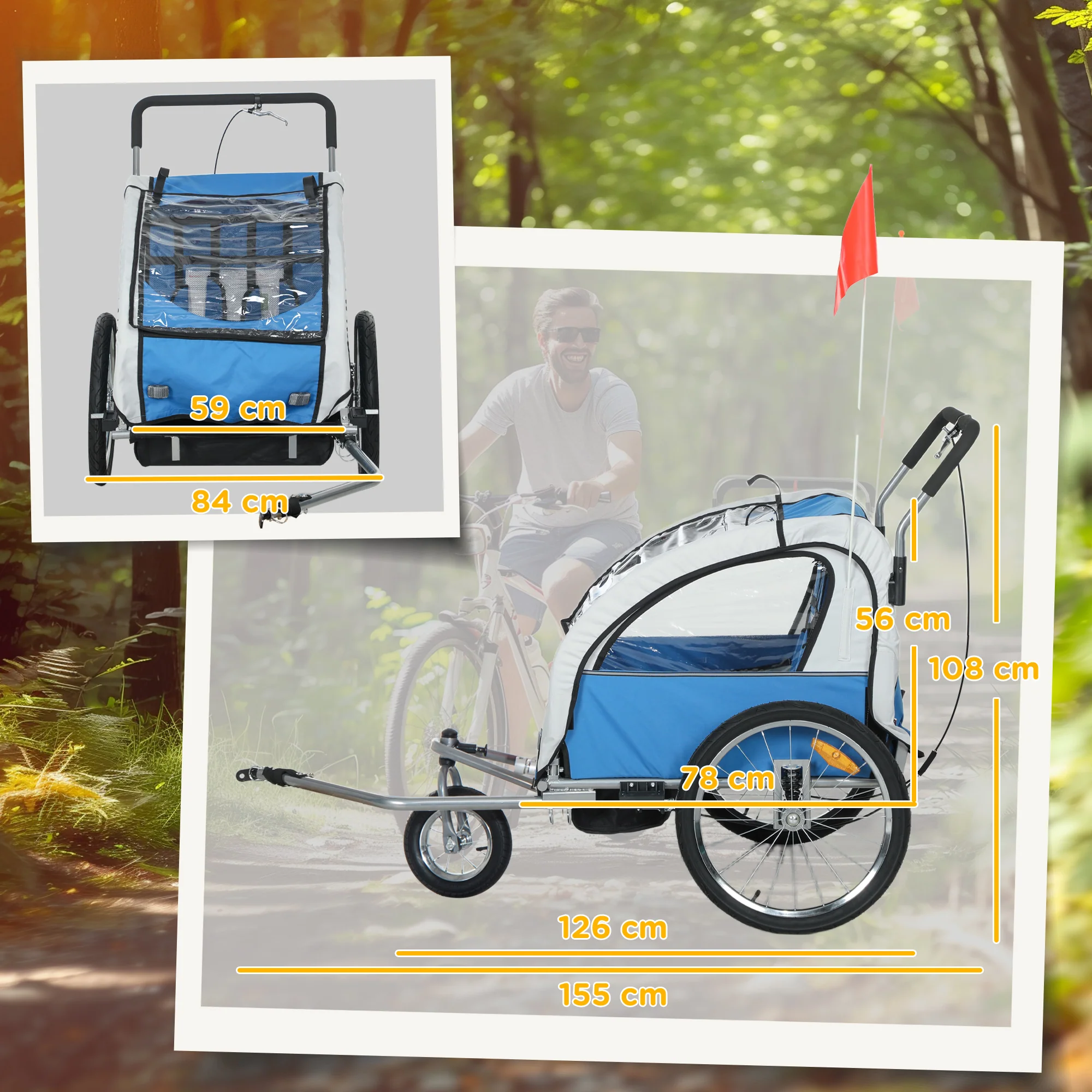 HOMCOM 2 Seat Bike Trailer with 5 Point Harness, for 18+ Months, Blue - Image 5