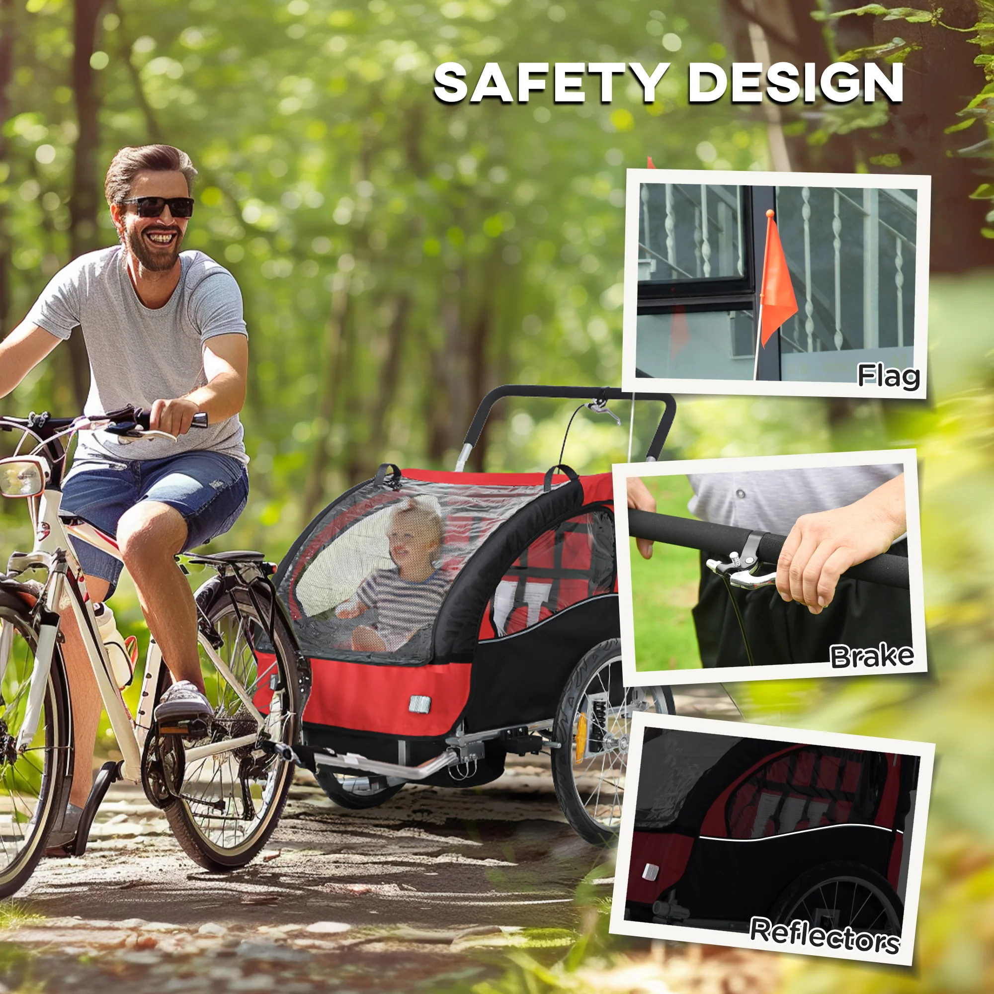 HOMCOM 2 Seat Bike Trailer with 5 Point Harness, for 18+ Months, Red - Image 8