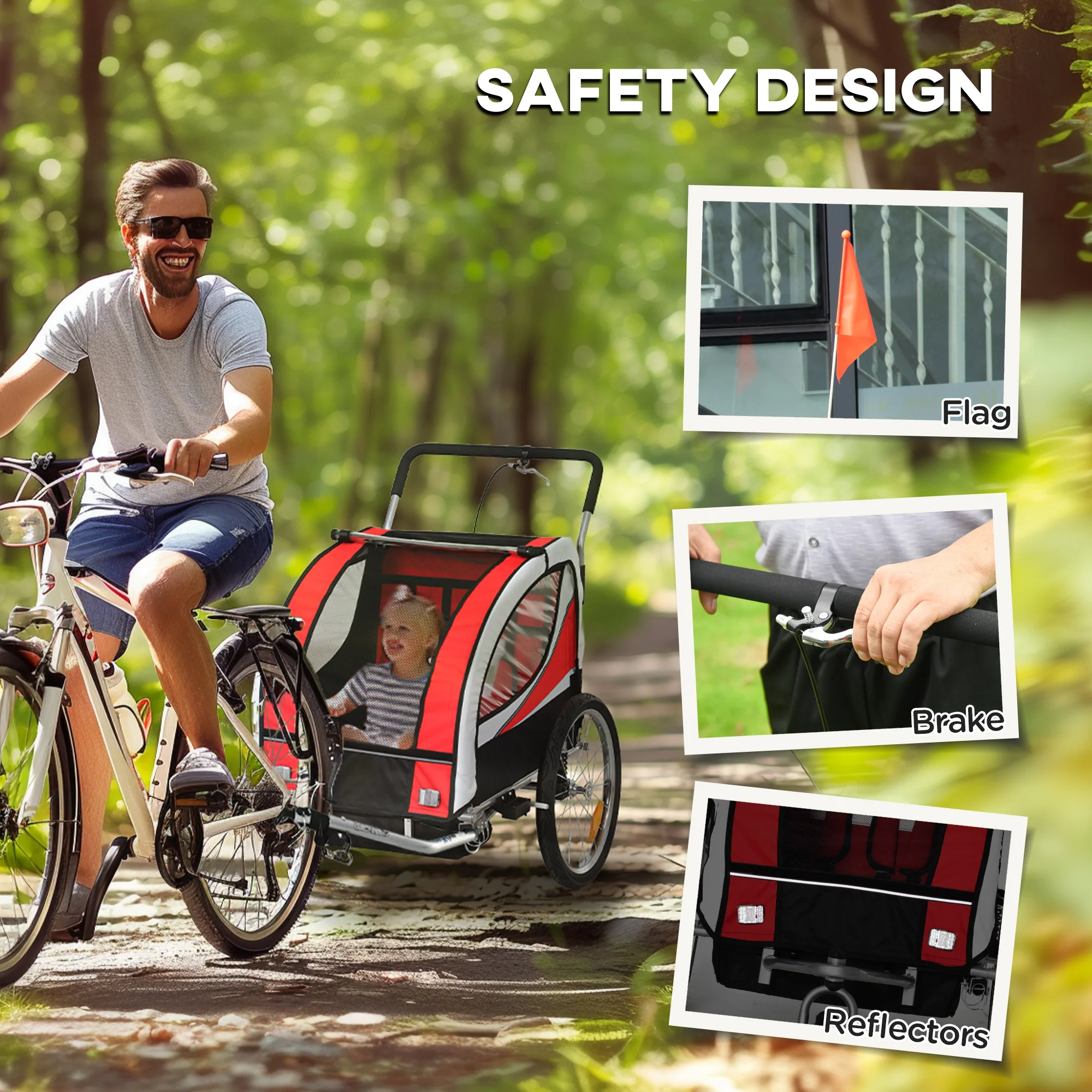 HOMCOM 2 Seat Child Bike Trailer, Baby Bicycle Trailer for 2 Kids, Red - Image 8