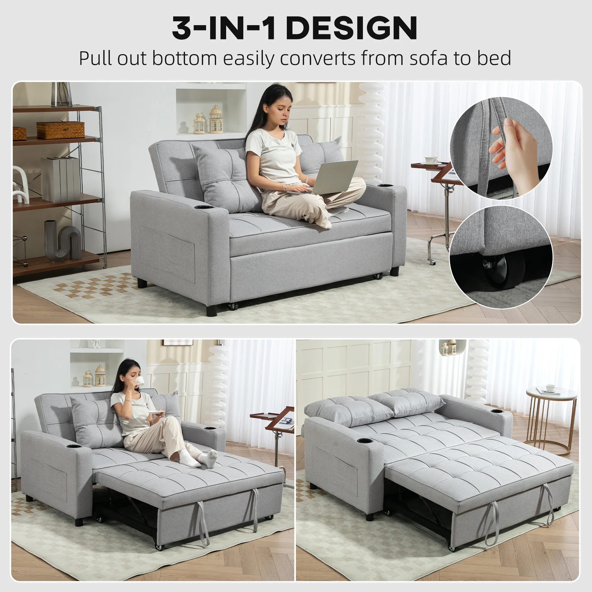 HOMCOM 2 Seater Pull Out Sofa Bed with Pockets for Living Room - Image 12