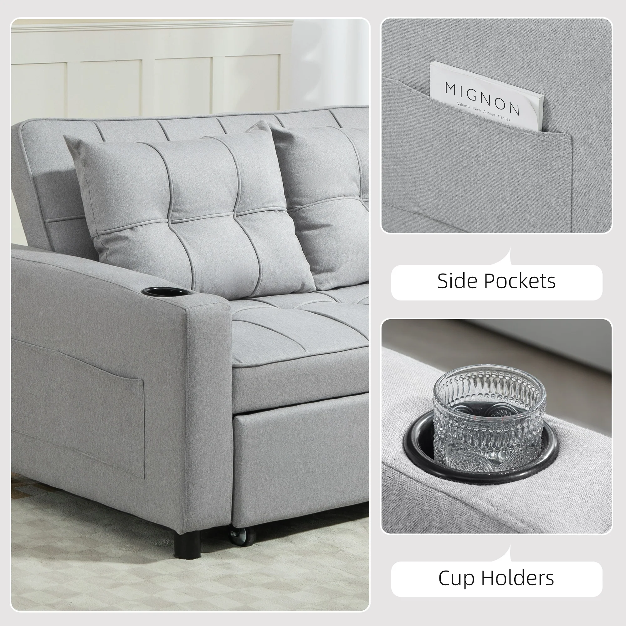 HOMCOM 2 Seater Pull Out Sofa Bed with Pockets for Living Room - Image 16