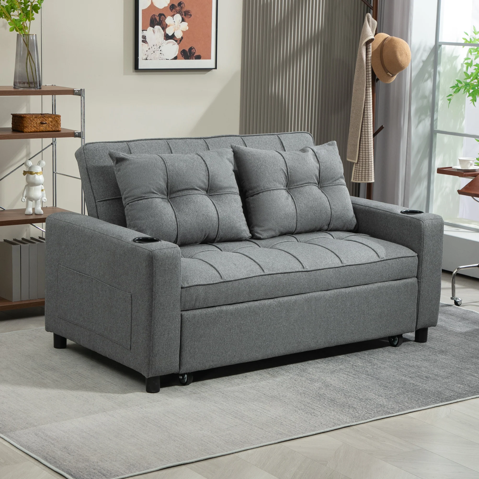 HOMCOM 2 Seater Pull Out Sofa Bed with Pockets for Living Room - Image 2