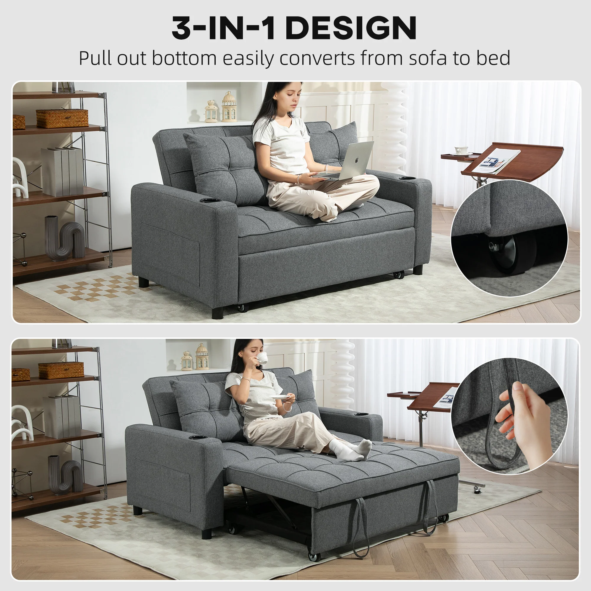 HOMCOM 2 Seater Pull Out Sofa Bed with Pockets for Living Room - Image 3