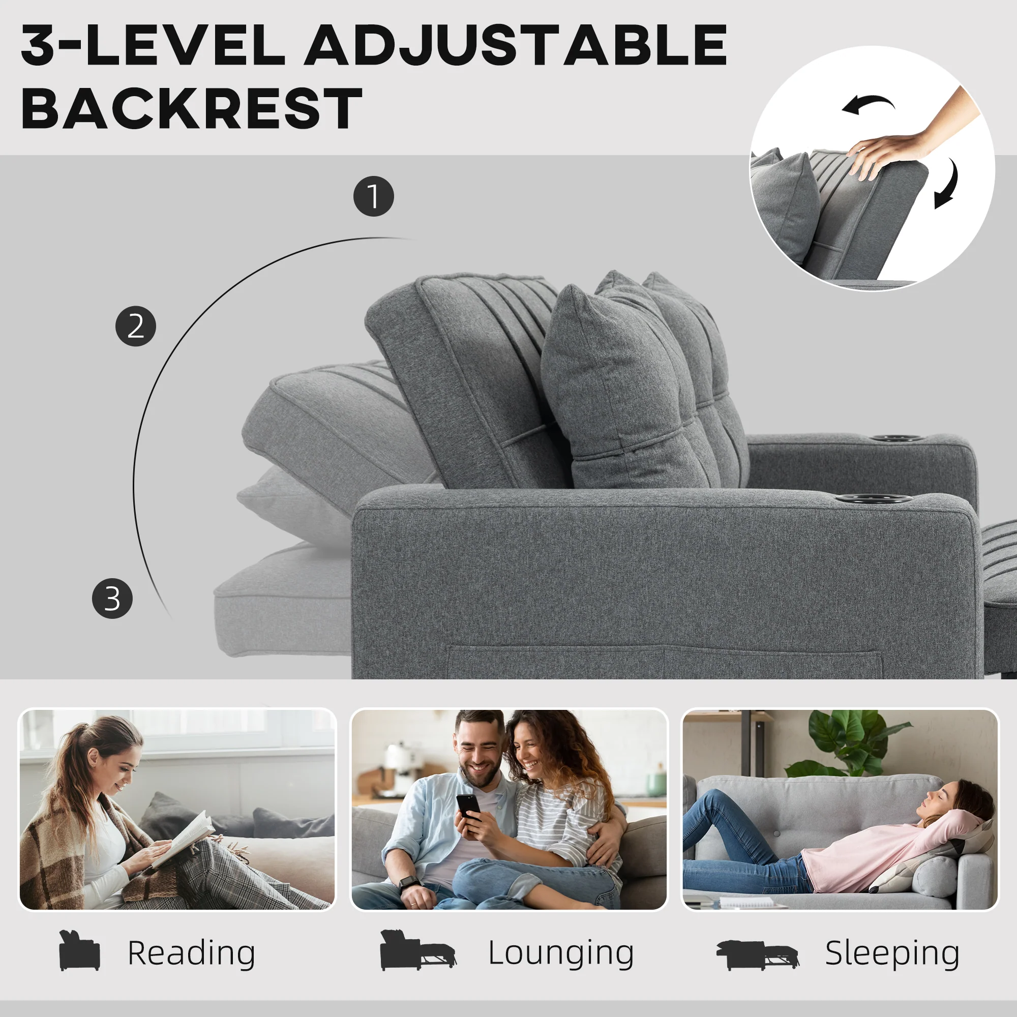 HOMCOM 2 Seater Pull Out Sofa Bed with Pockets for Living Room - Image 4