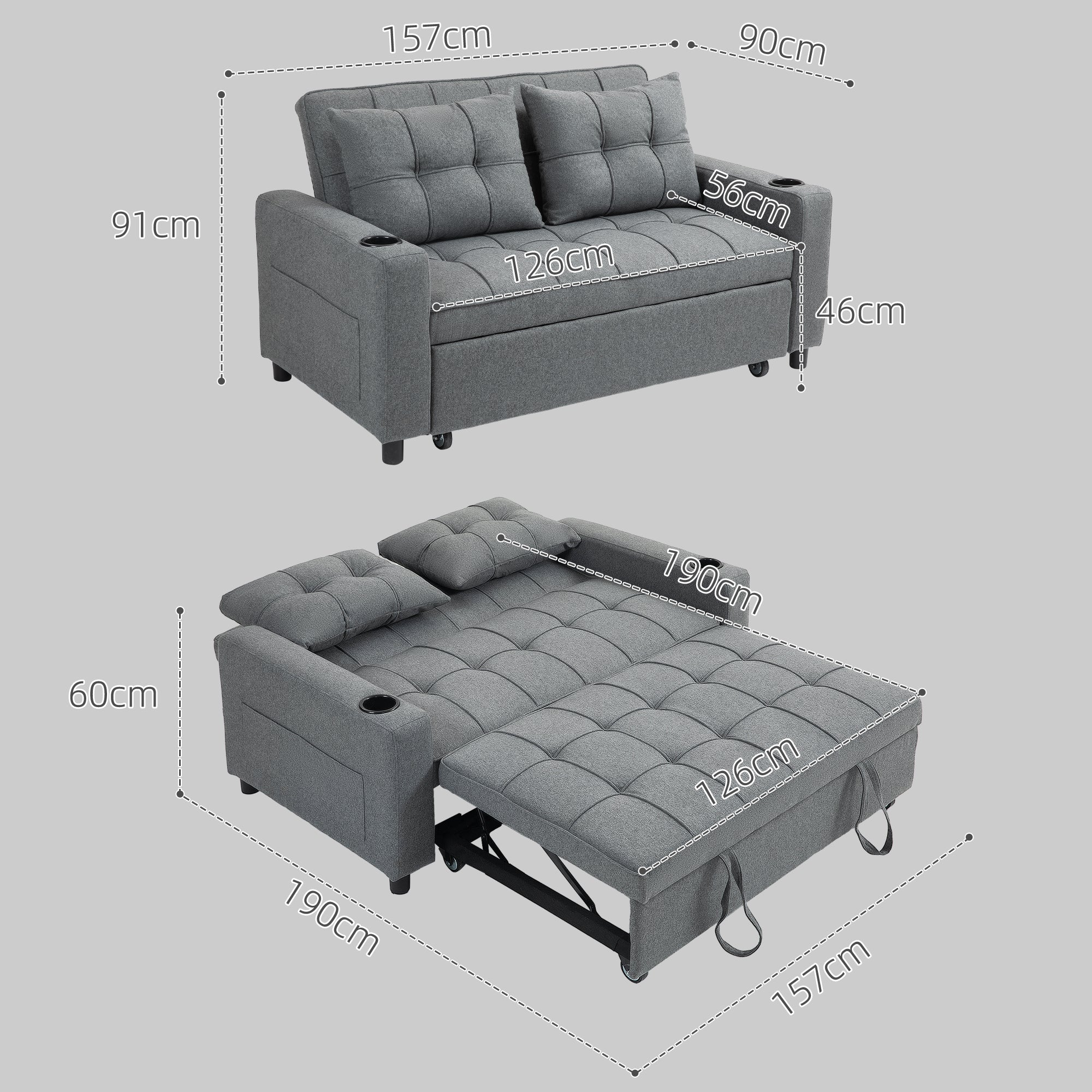 HOMCOM 2 Seater Pull Out Sofa Bed with Pockets for Living Room - Image 5