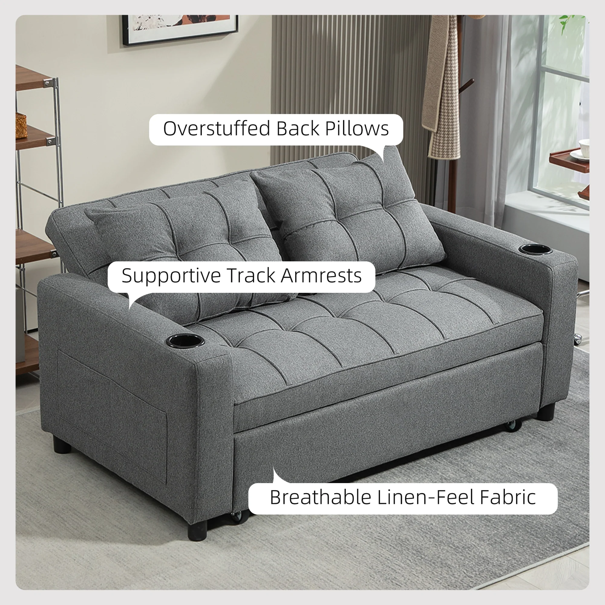 HOMCOM 2 Seater Pull Out Sofa Bed with Pockets for Living Room - Image 6