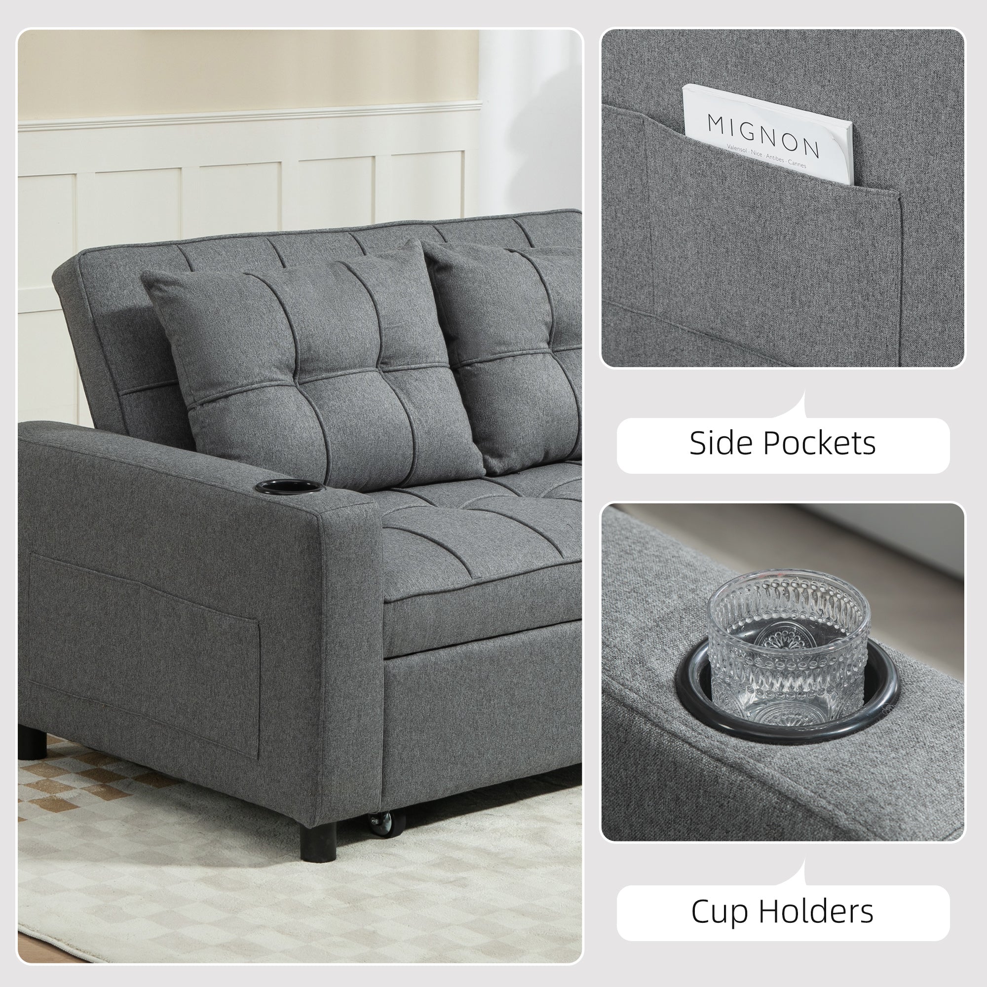 HOMCOM 2 Seater Pull Out Sofa Bed with Pockets for Living Room - Image 7