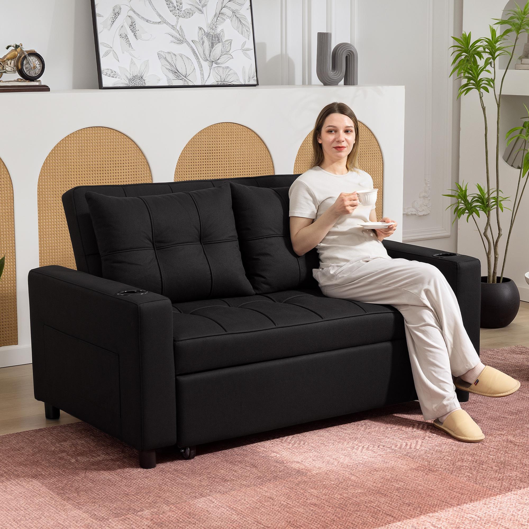 HOMCOM 2 Seater Pull Out Sofa Bed with Pockets for Living Room Black - Image 2