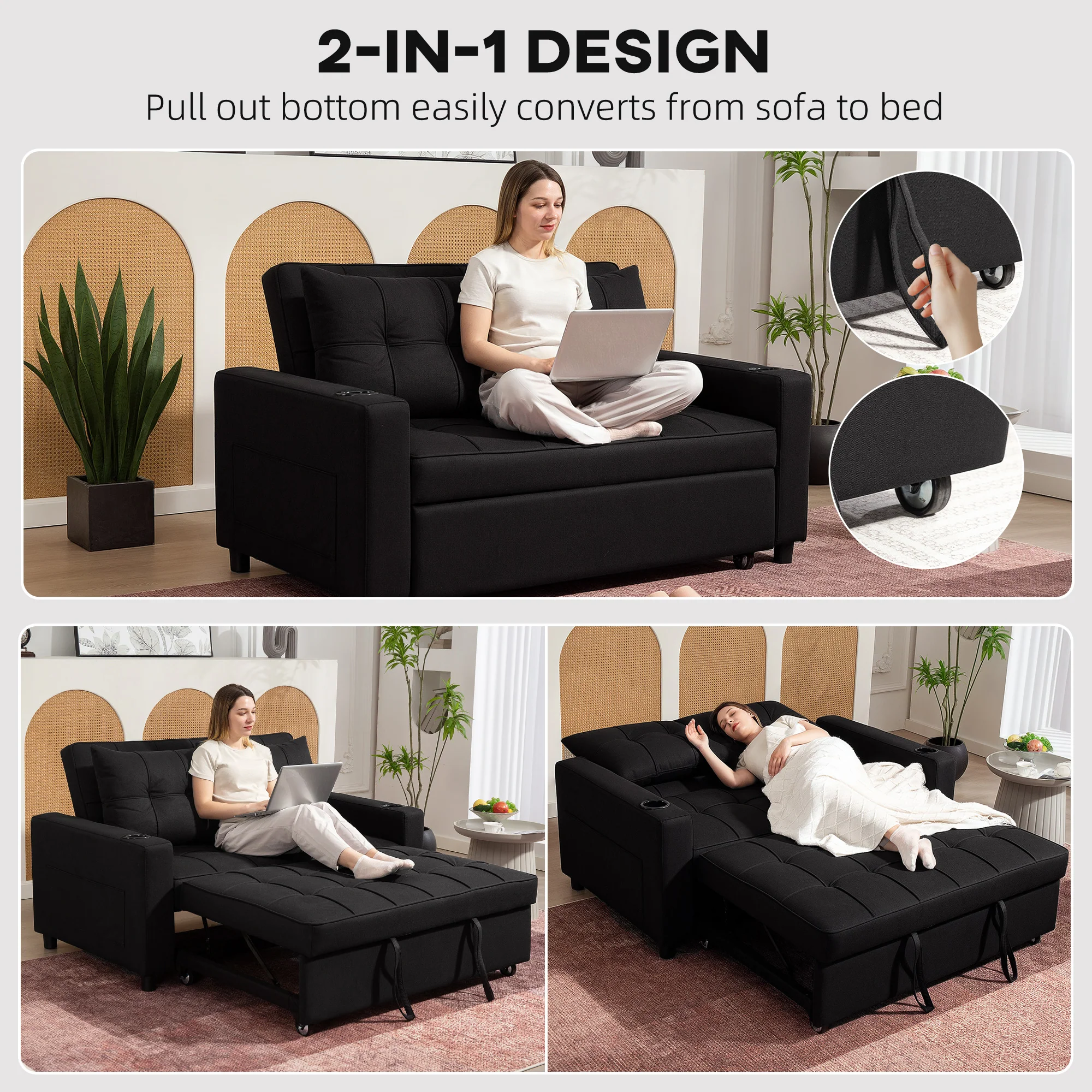 HOMCOM 2 Seater Pull Out Sofa Bed with Pockets for Living Room Black - Image 3