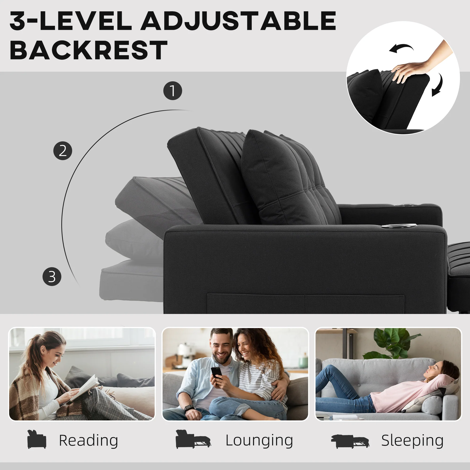 HOMCOM 2 Seater Pull Out Sofa Bed with Pockets for Living Room Black - Image 4