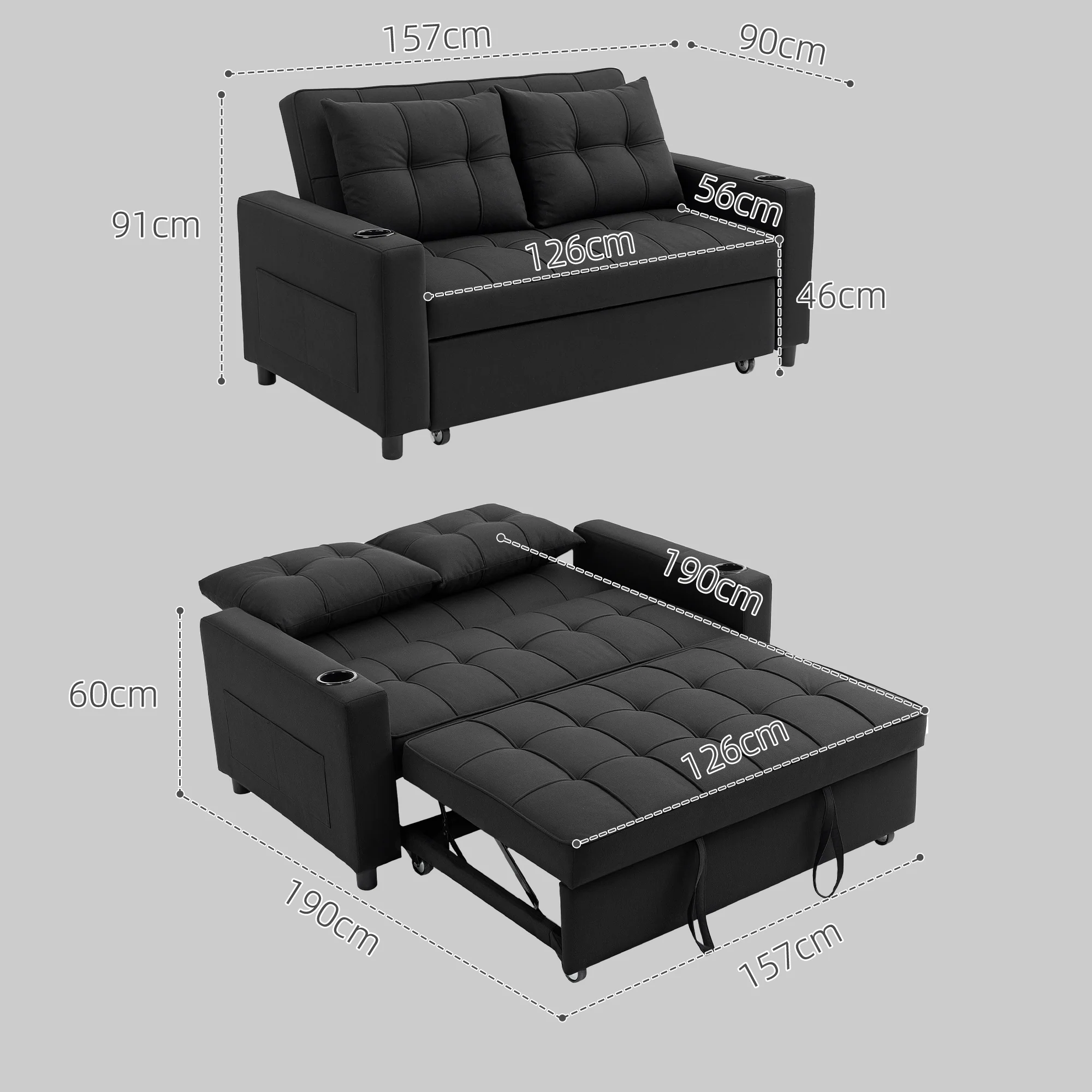 HOMCOM 2 Seater Pull Out Sofa Bed with Pockets for Living Room Black - Image 5