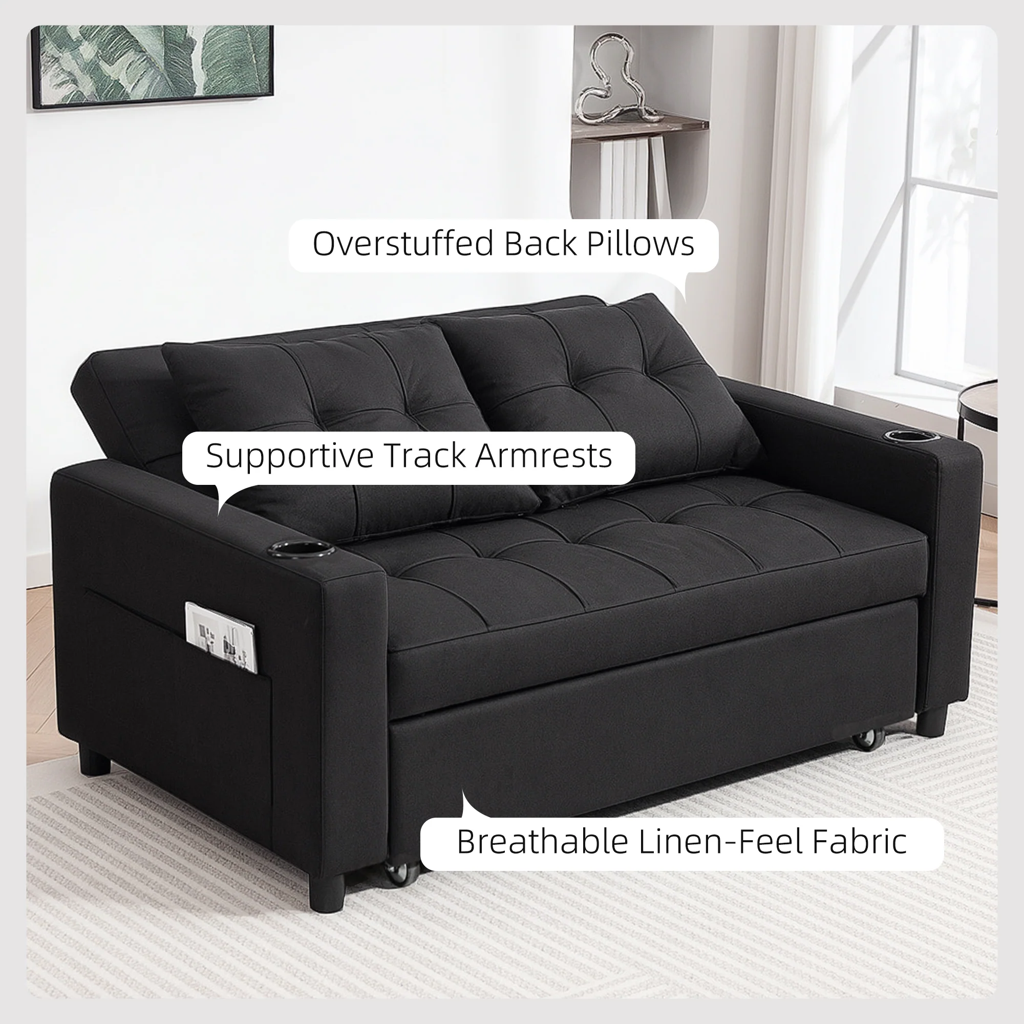 HOMCOM 2 Seater Pull Out Sofa Bed with Pockets for Living Room Black - Image 6
