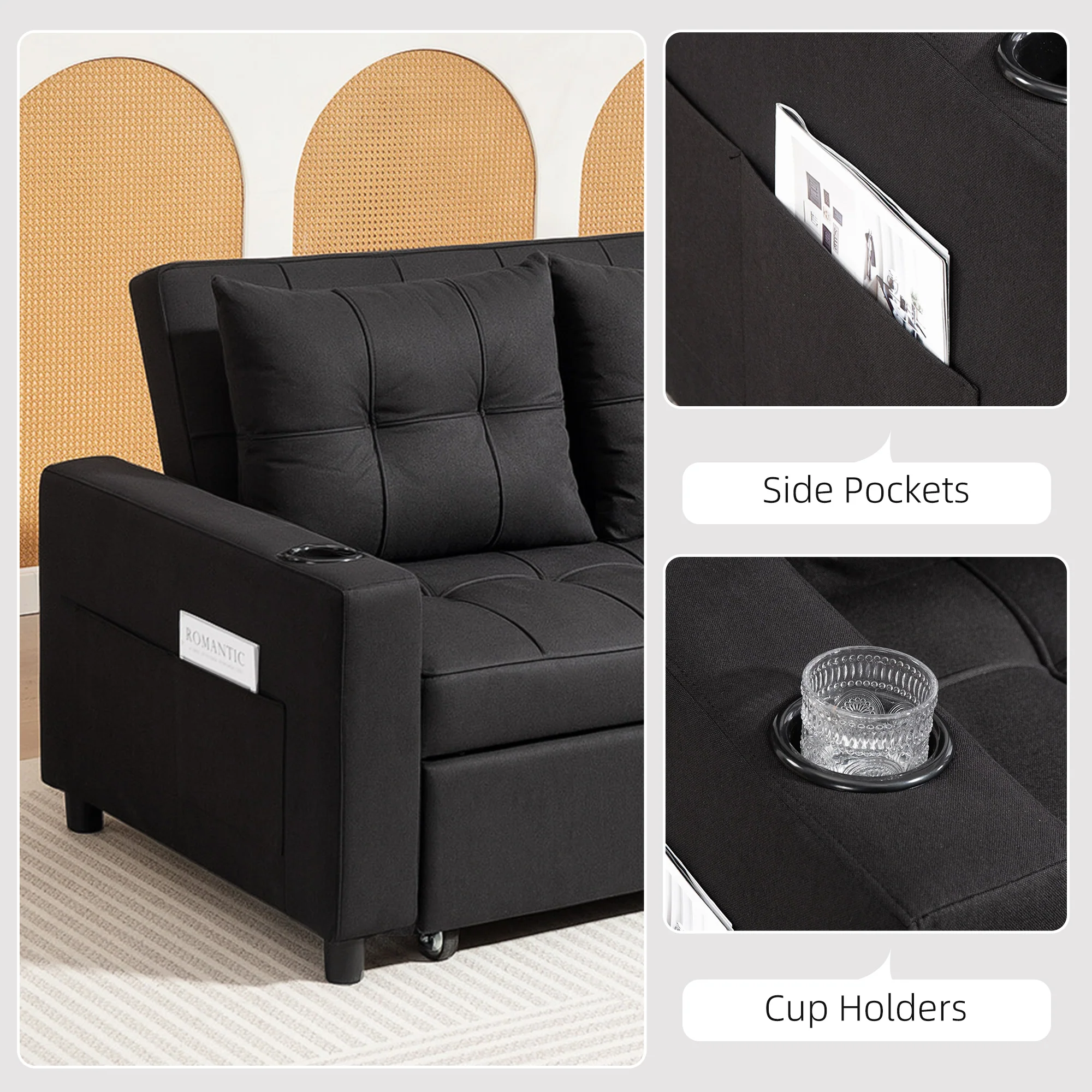 HOMCOM 2 Seater Pull Out Sofa Bed with Pockets for Living Room Black - Image 7