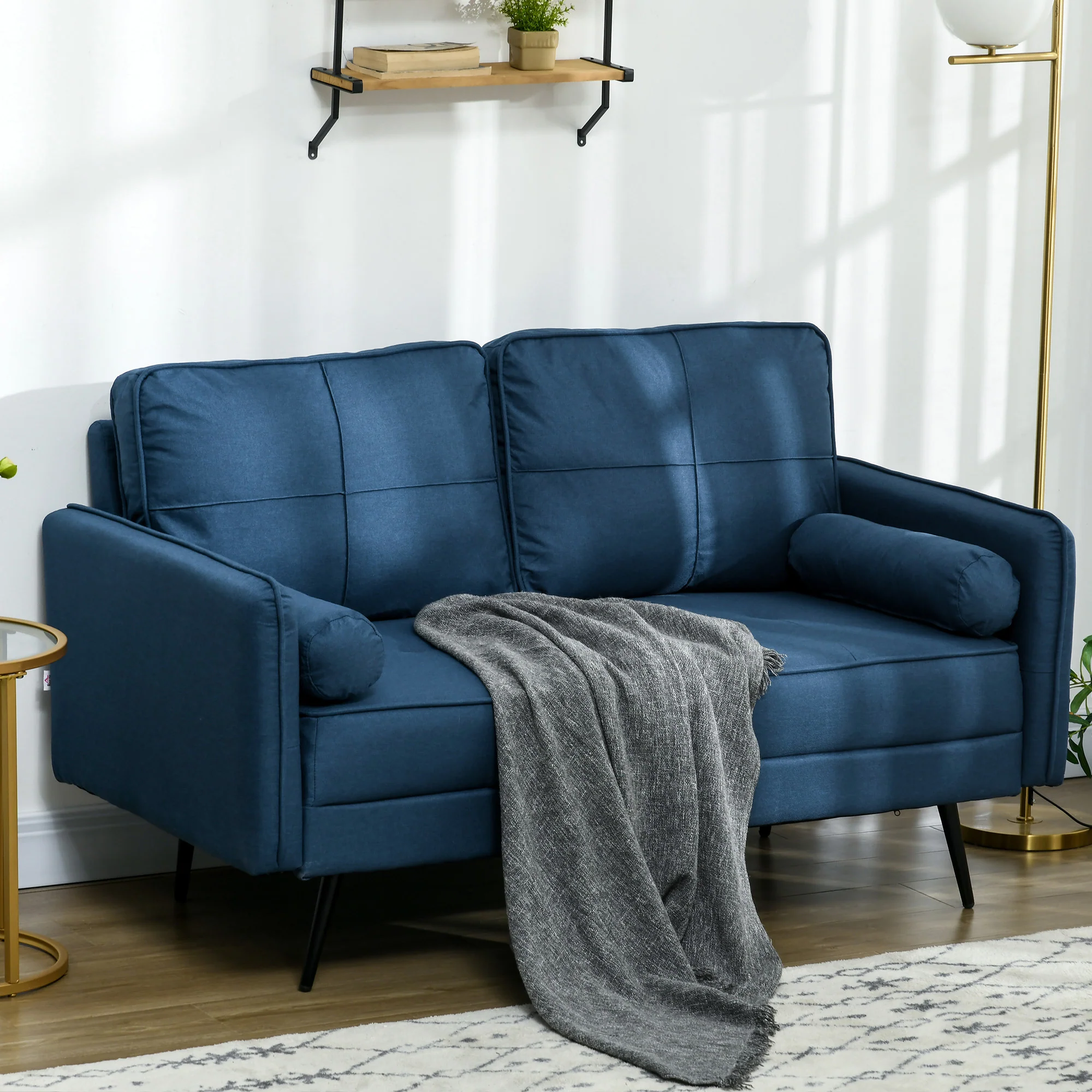 HOMCOM 2 Seater Sofa 143cm Modern Fabric Couch Back Cushions and Pillows, Blue - Image 2