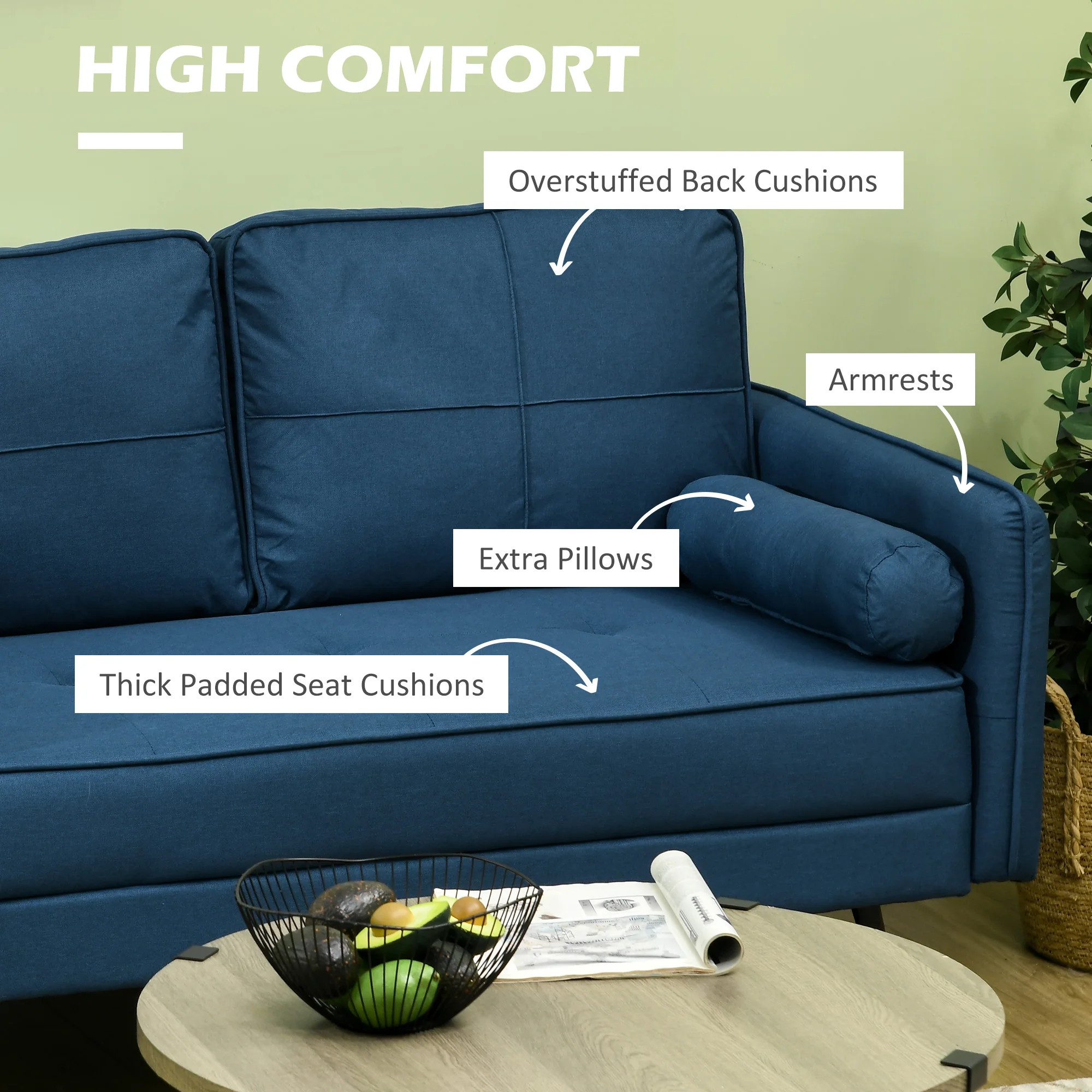 HOMCOM 2 Seater Sofa 143cm Modern Fabric Couch Back Cushions and Pillows, Blue - Image 3