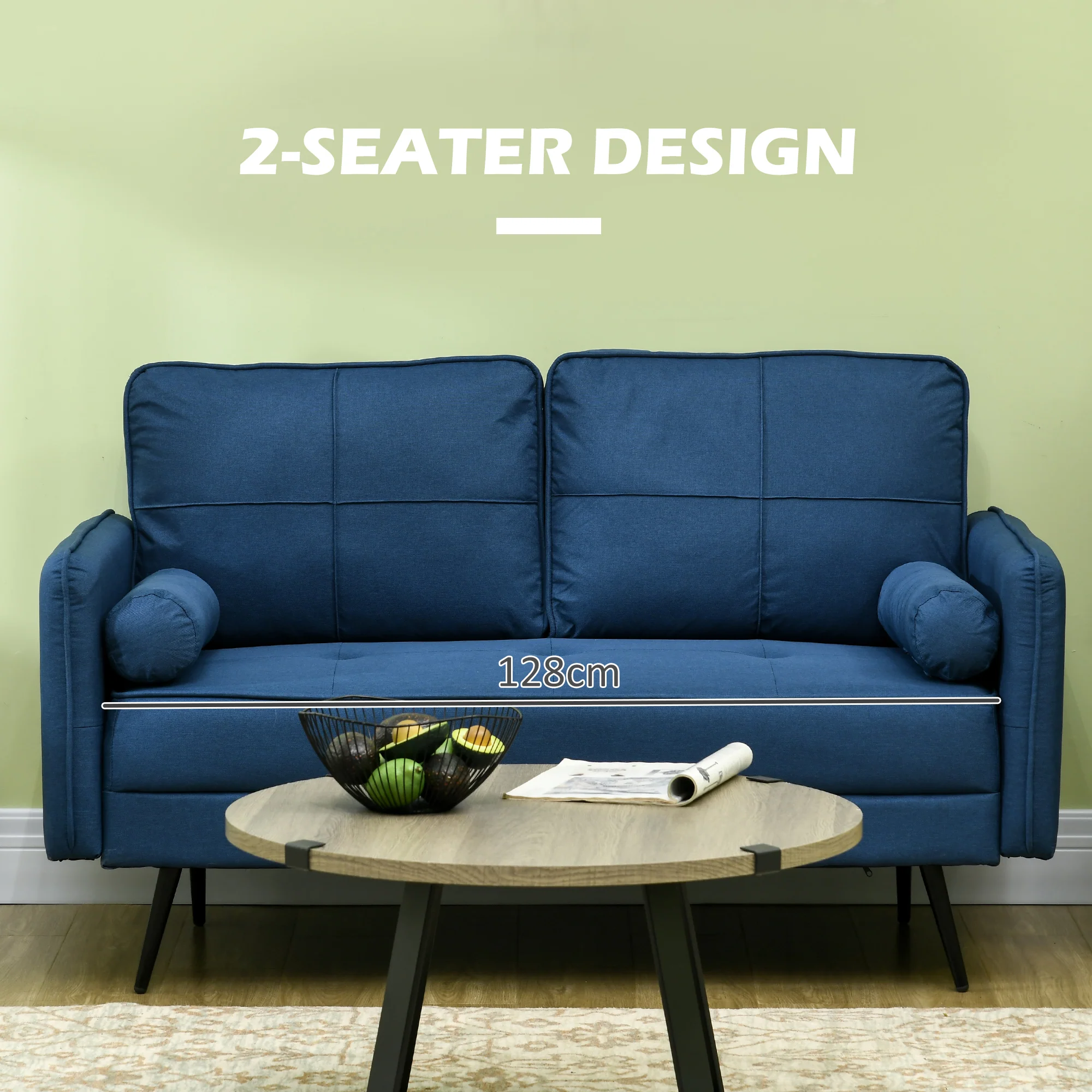 HOMCOM 2 Seater Sofa 143cm Modern Fabric Couch Back Cushions and Pillows, Blue - Image 5
