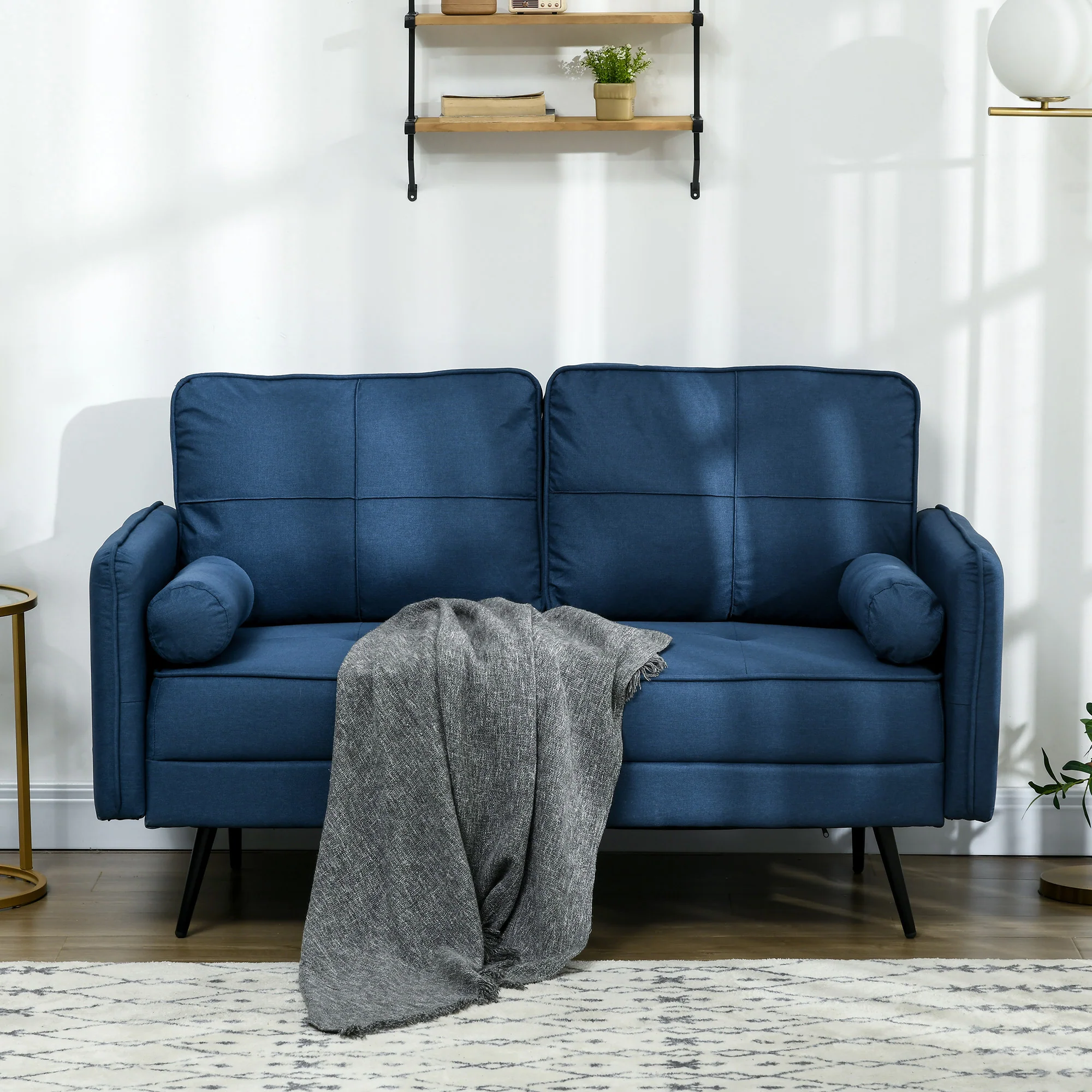 HOMCOM 2 Seater Sofa 143cm Modern Fabric Couch Back Cushions and Pillows, Blue - Image 6