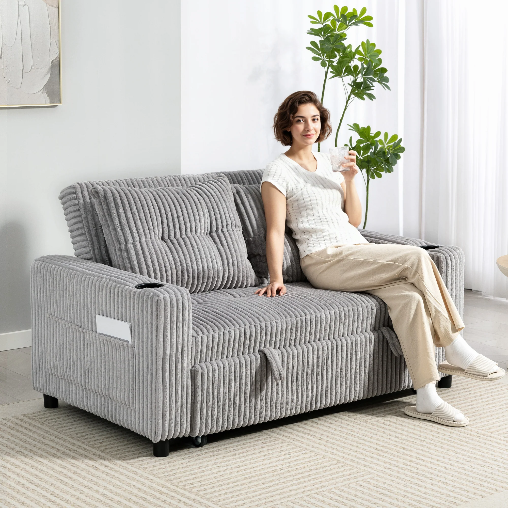 HOMCOM 2 Seater Sofa Bed, Click Clack Pull Out Bed Settee, Light Grey - Image 2
