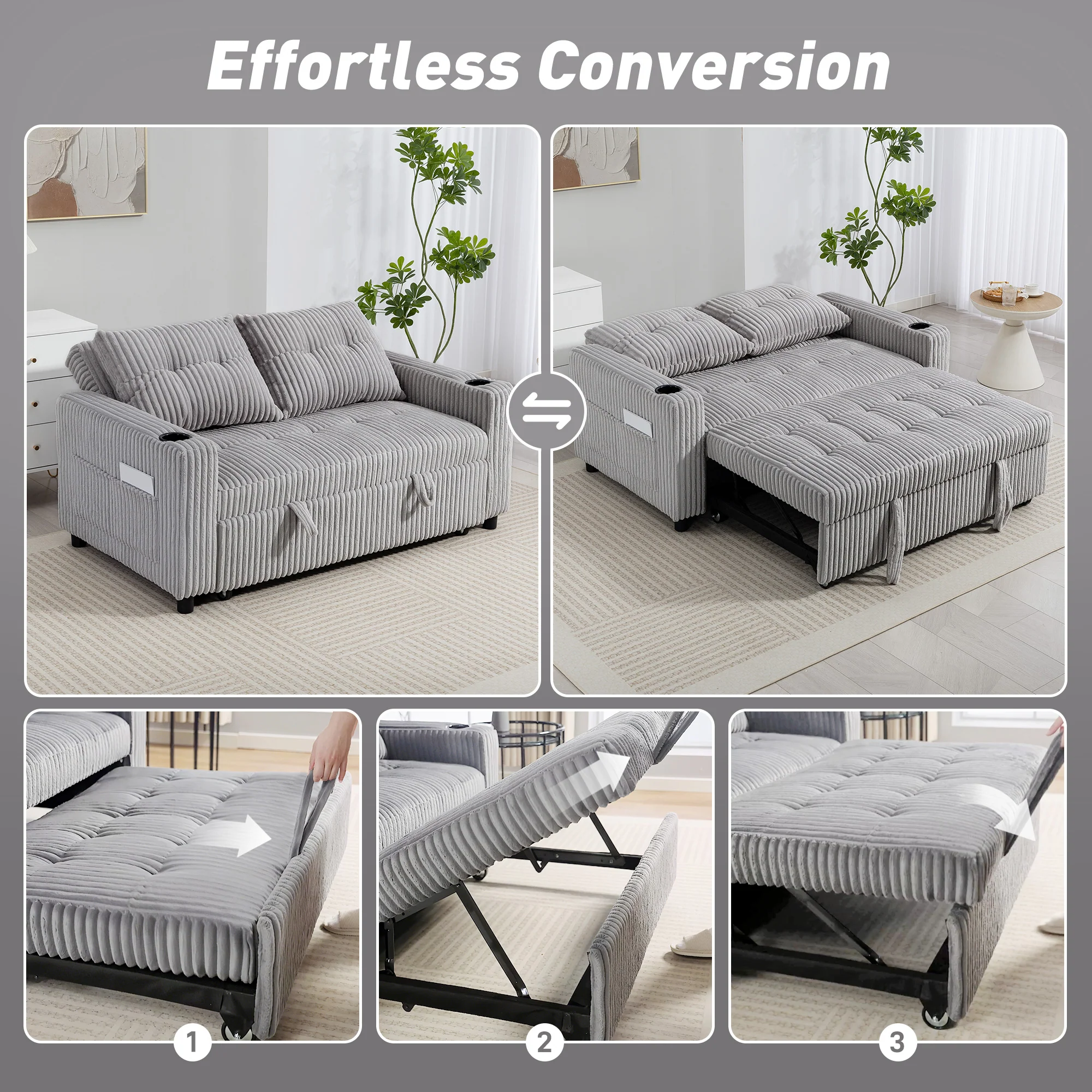 HOMCOM 2 Seater Sofa Bed, Click Clack Pull Out Bed Settee, Light Grey - Image 3