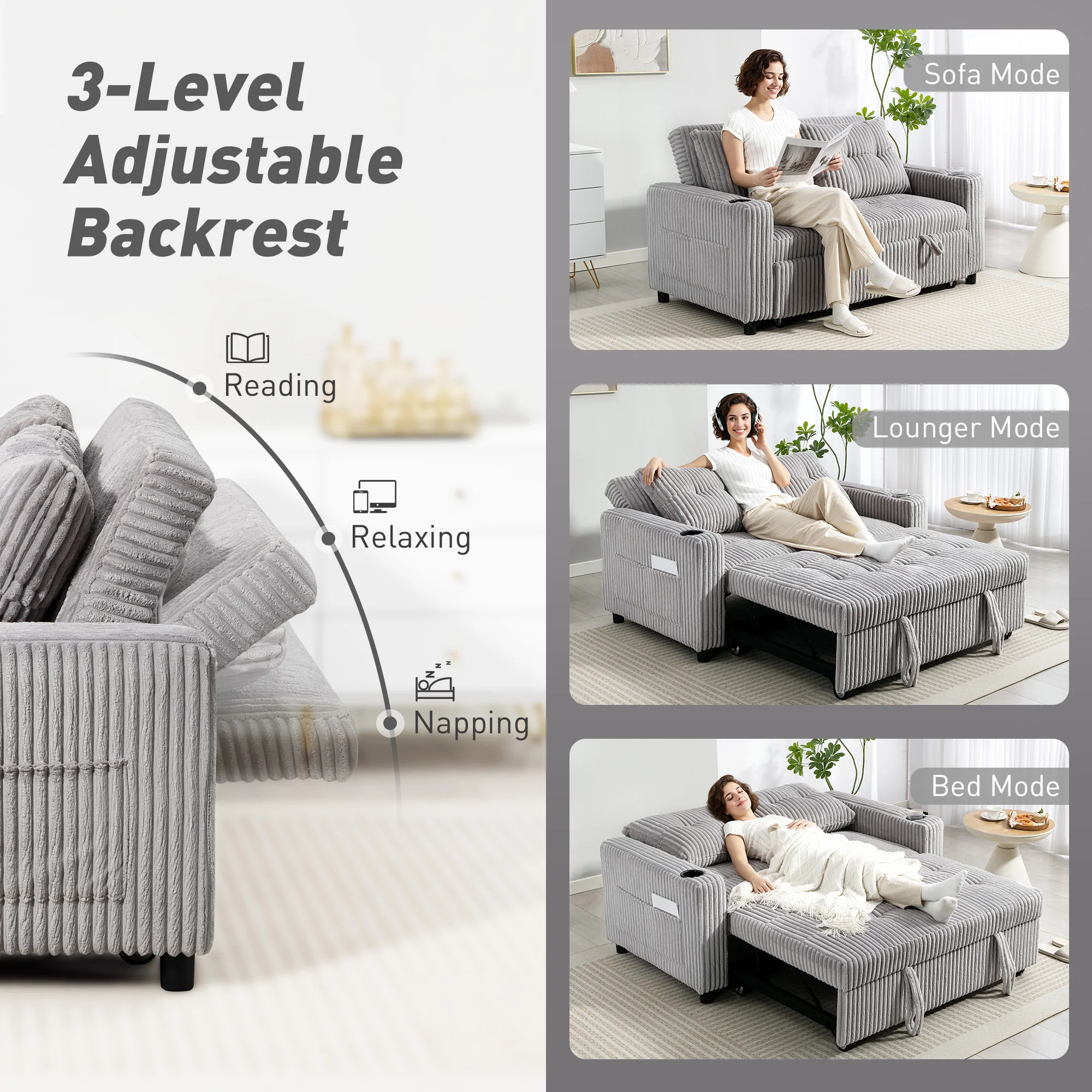 HOMCOM 2 Seater Sofa Bed, Click Clack Pull Out Bed Settee, Light Grey - Image 4