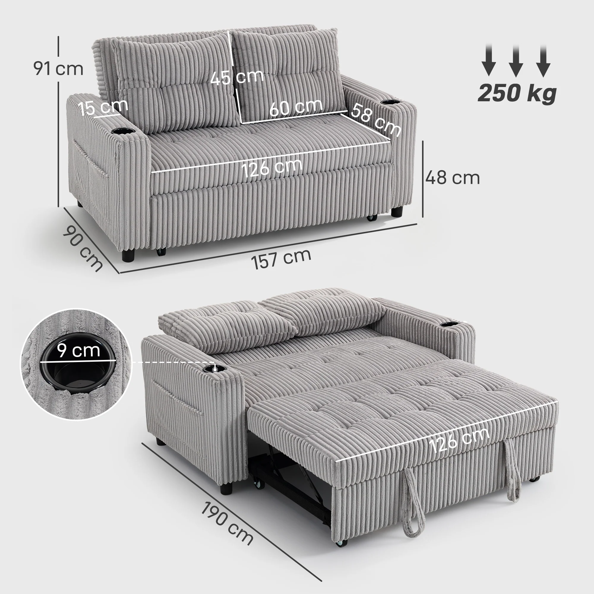 HOMCOM 2 Seater Sofa Bed, Click Clack Pull Out Bed Settee, Light Grey - Image 5