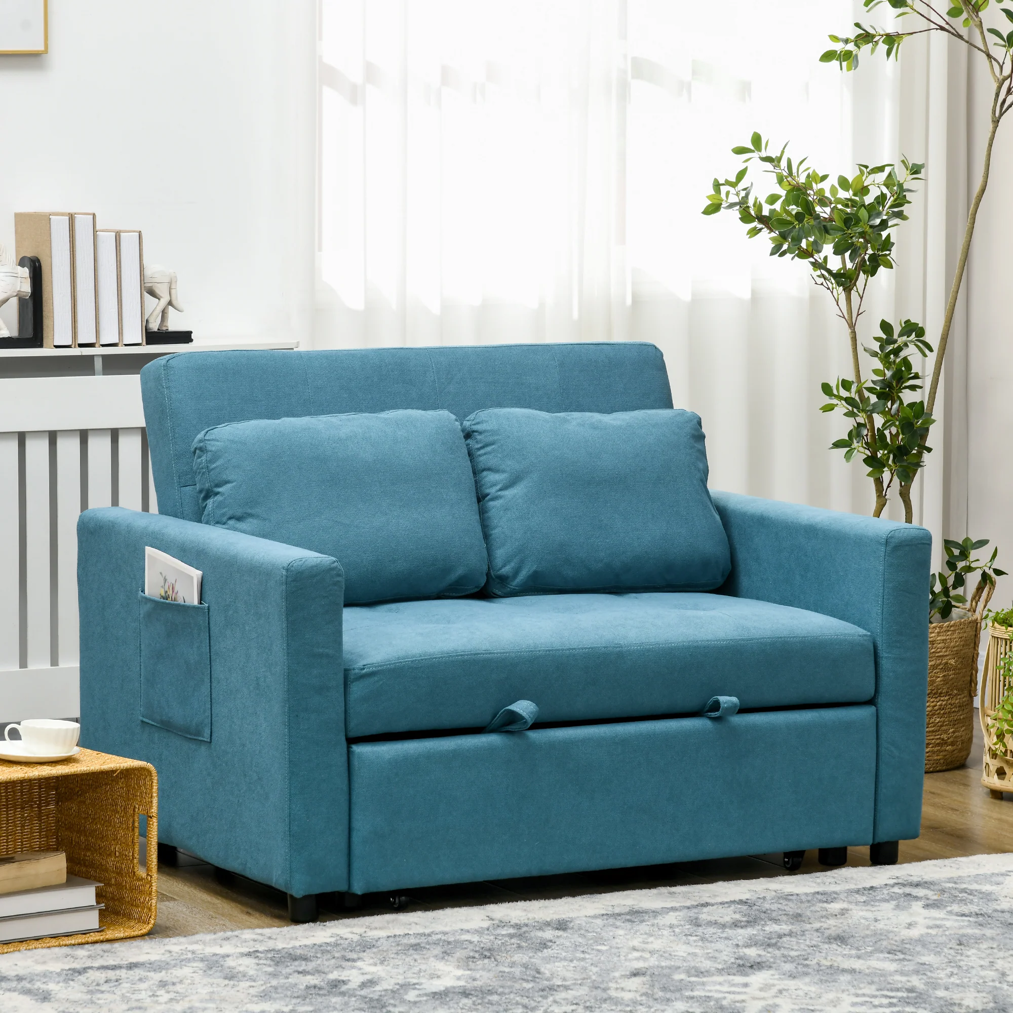 HOMCOM 2 Seater Sofa Bed Convertible Bed Settee With Cushions, Pockets, Blue - Image 2