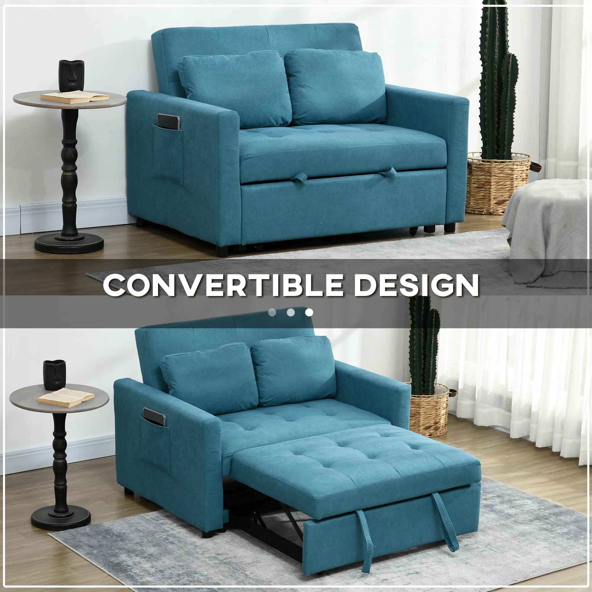 HOMCOM 2 Seater Sofa Bed Convertible Bed Settee With Cushions, Pockets, Blue - Image 3
