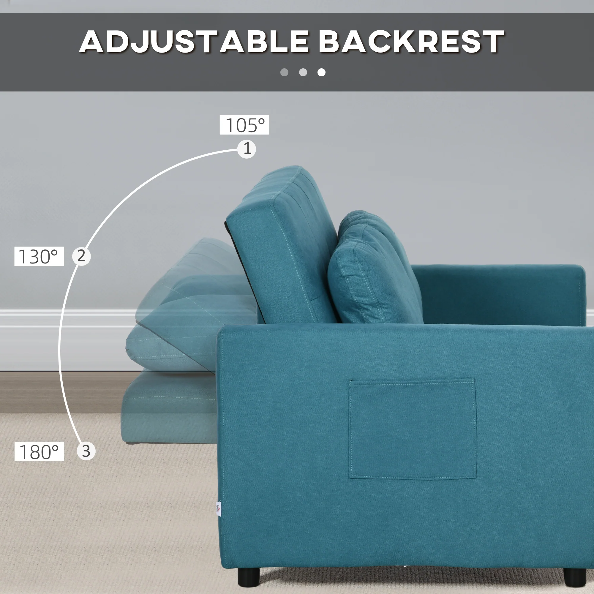 HOMCOM 2 Seater Sofa Bed Convertible Bed Settee With Cushions, Pockets, Blue - Image 4