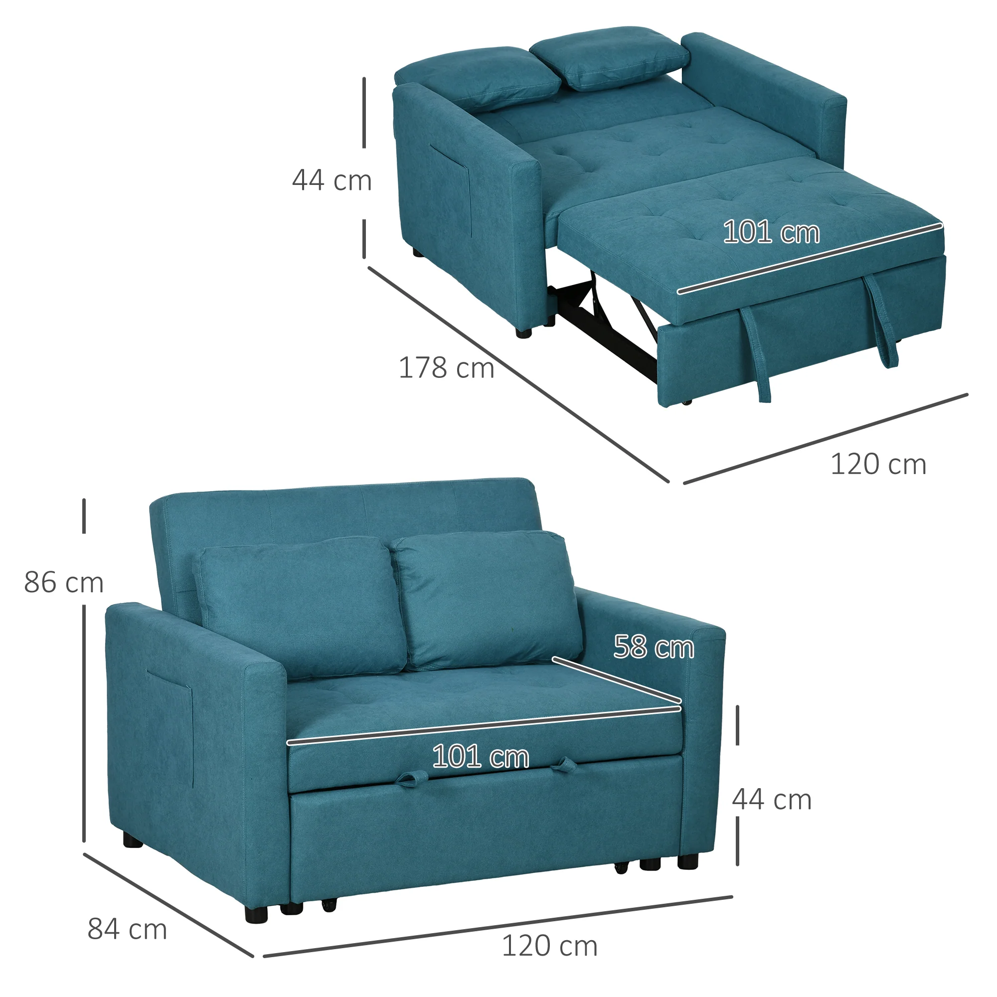 HOMCOM 2 Seater Sofa Bed Convertible Bed Settee With Cushions, Pockets, Blue - Image 5