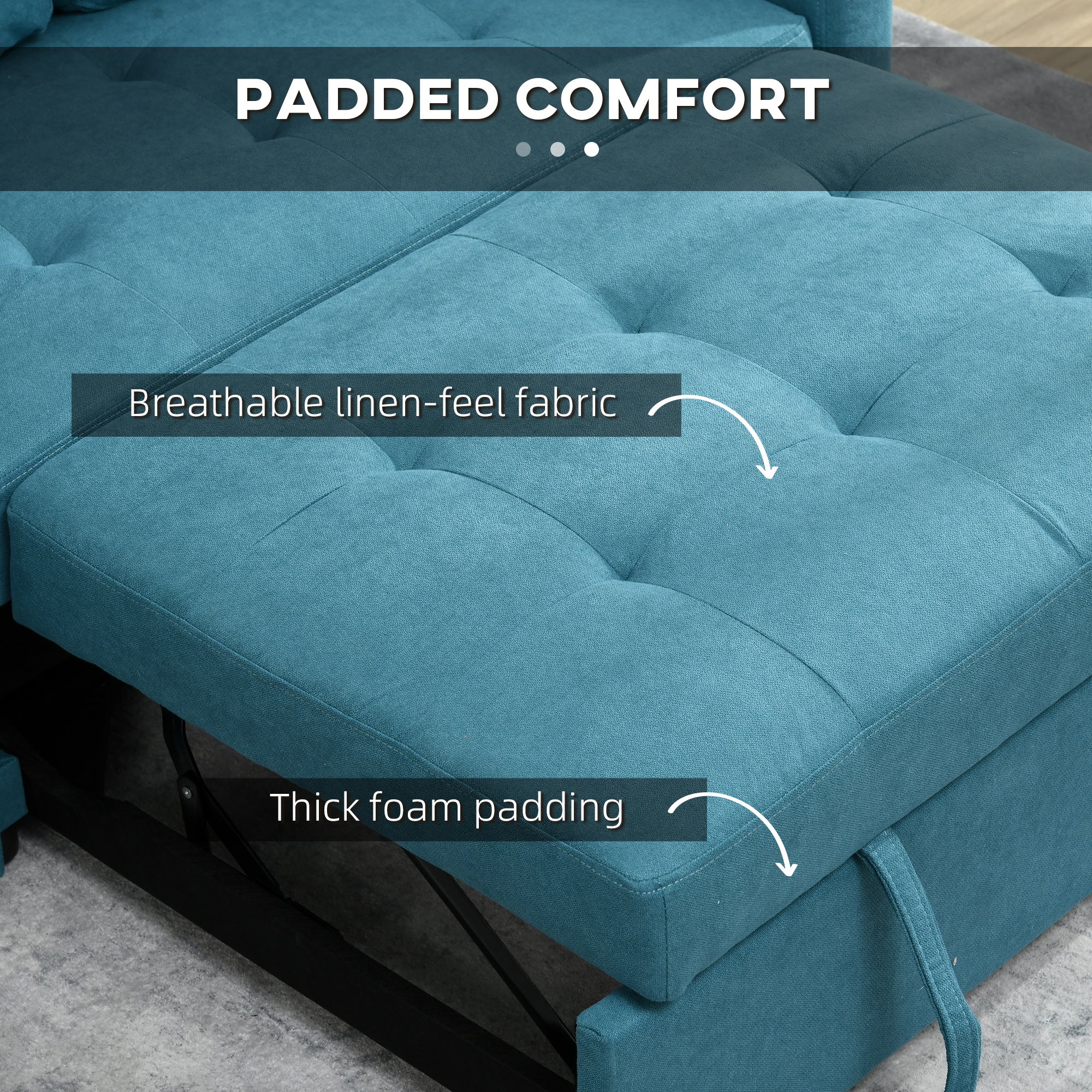 HOMCOM 2 Seater Sofa Bed Convertible Bed Settee With Cushions, Pockets, Blue - Image 6
