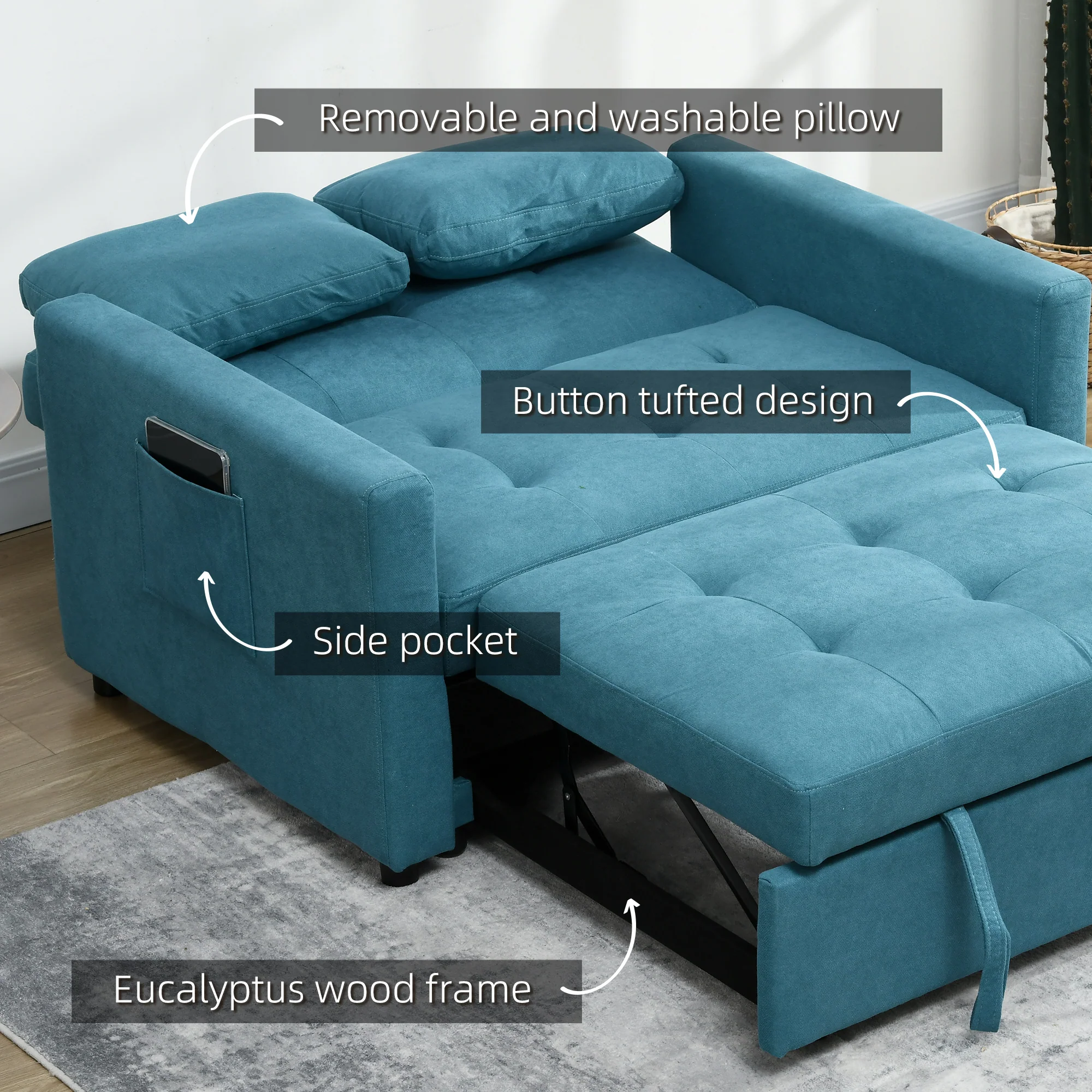 HOMCOM 2 Seater Sofa Bed Convertible Bed Settee With Cushions, Pockets, Blue - Image 7