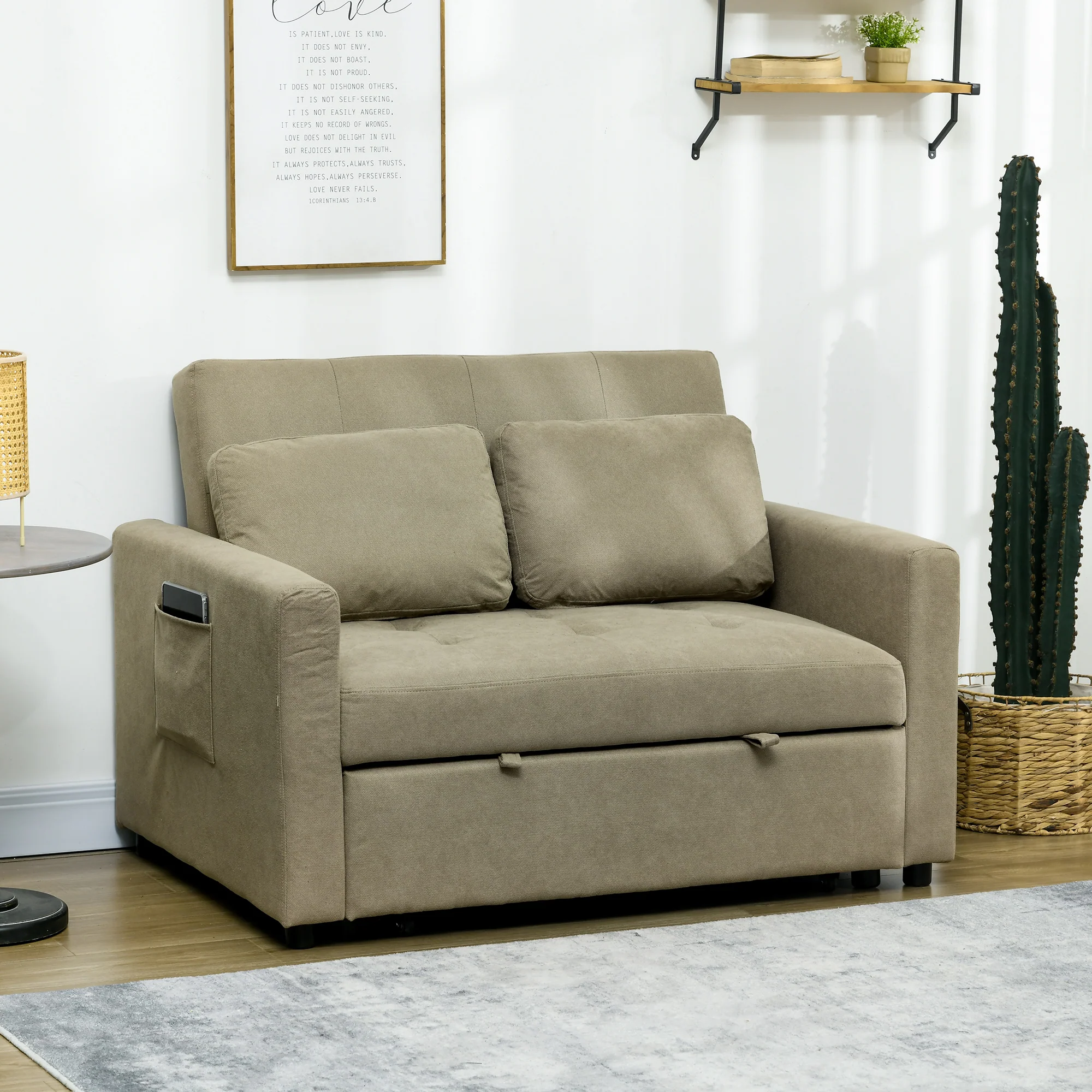 HOMCOM 2 Seater Sofa Bed Convertible Bed Settee With Cushions, Pockets, Brown - Image 2