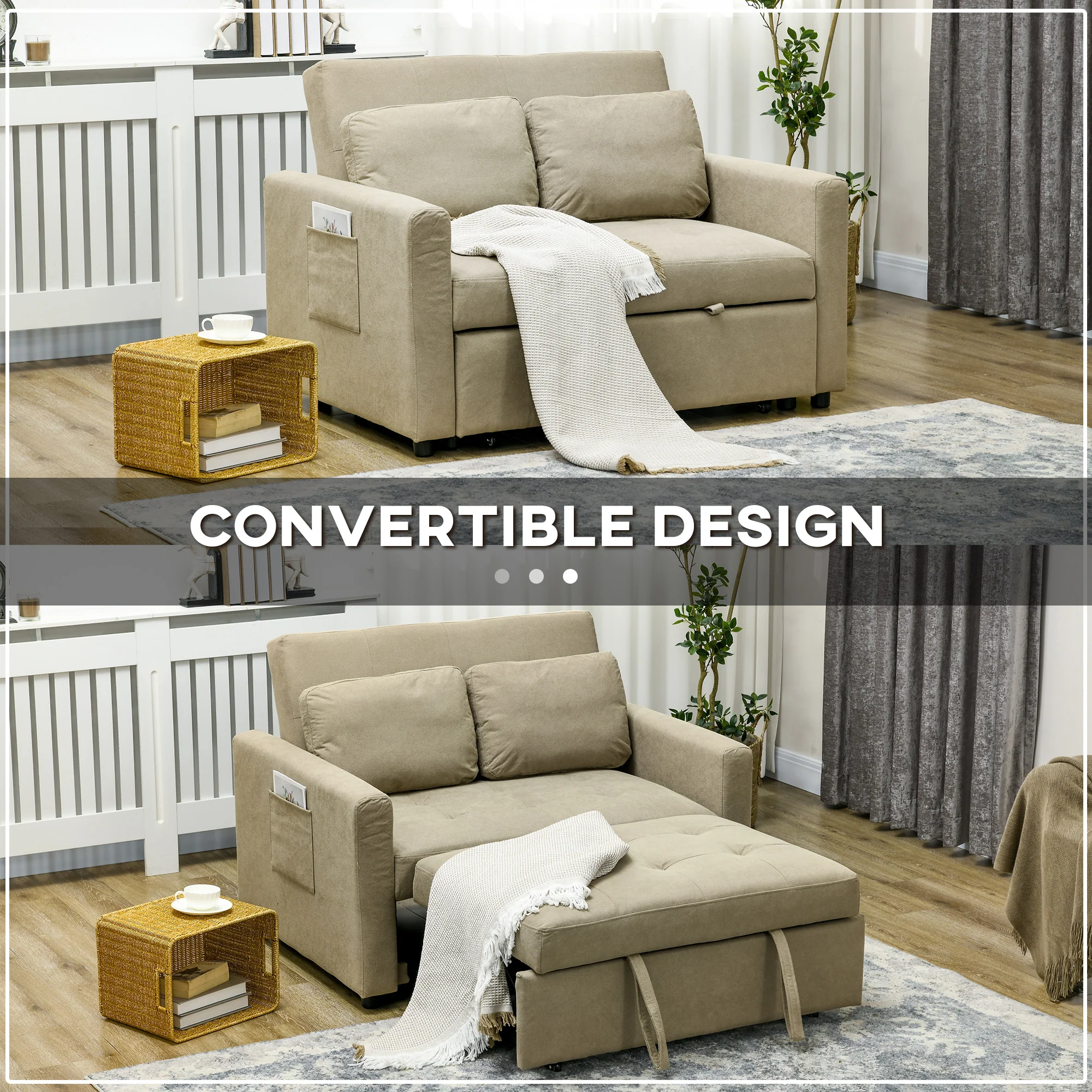 HOMCOM 2 Seater Sofa Bed Convertible Bed Settee With Cushions, Pockets, Brown - Image 3