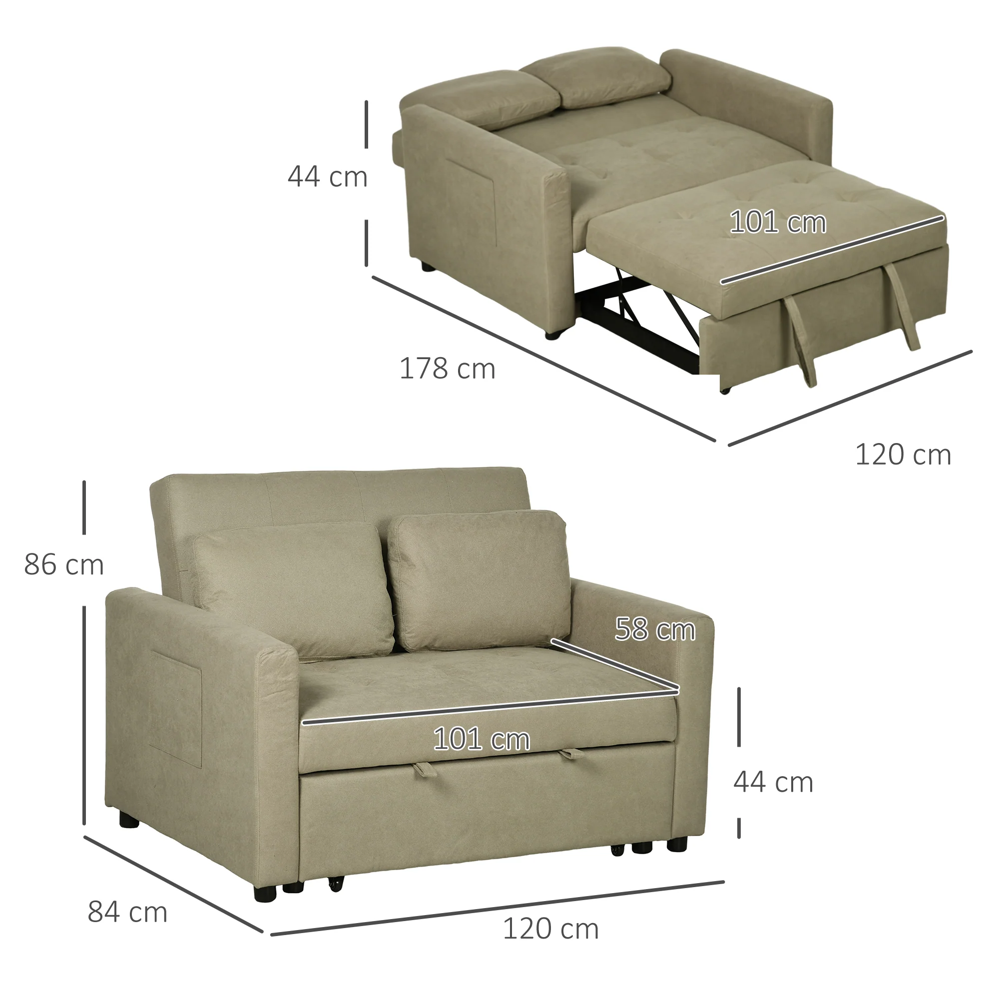 HOMCOM 2 Seater Sofa Bed Convertible Bed Settee With Cushions, Pockets, Brown - Image 5