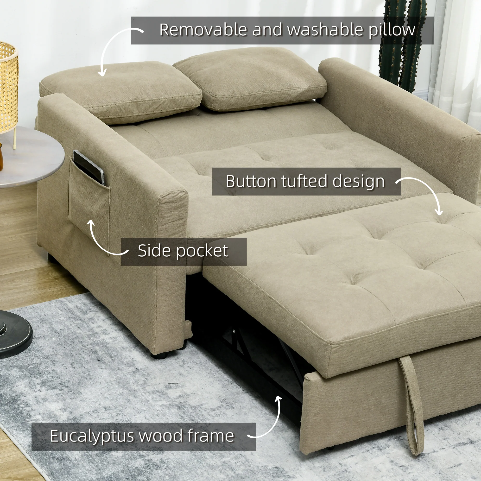 HOMCOM 2 Seater Sofa Bed Convertible Bed Settee With Cushions, Pockets, Brown - Image 7