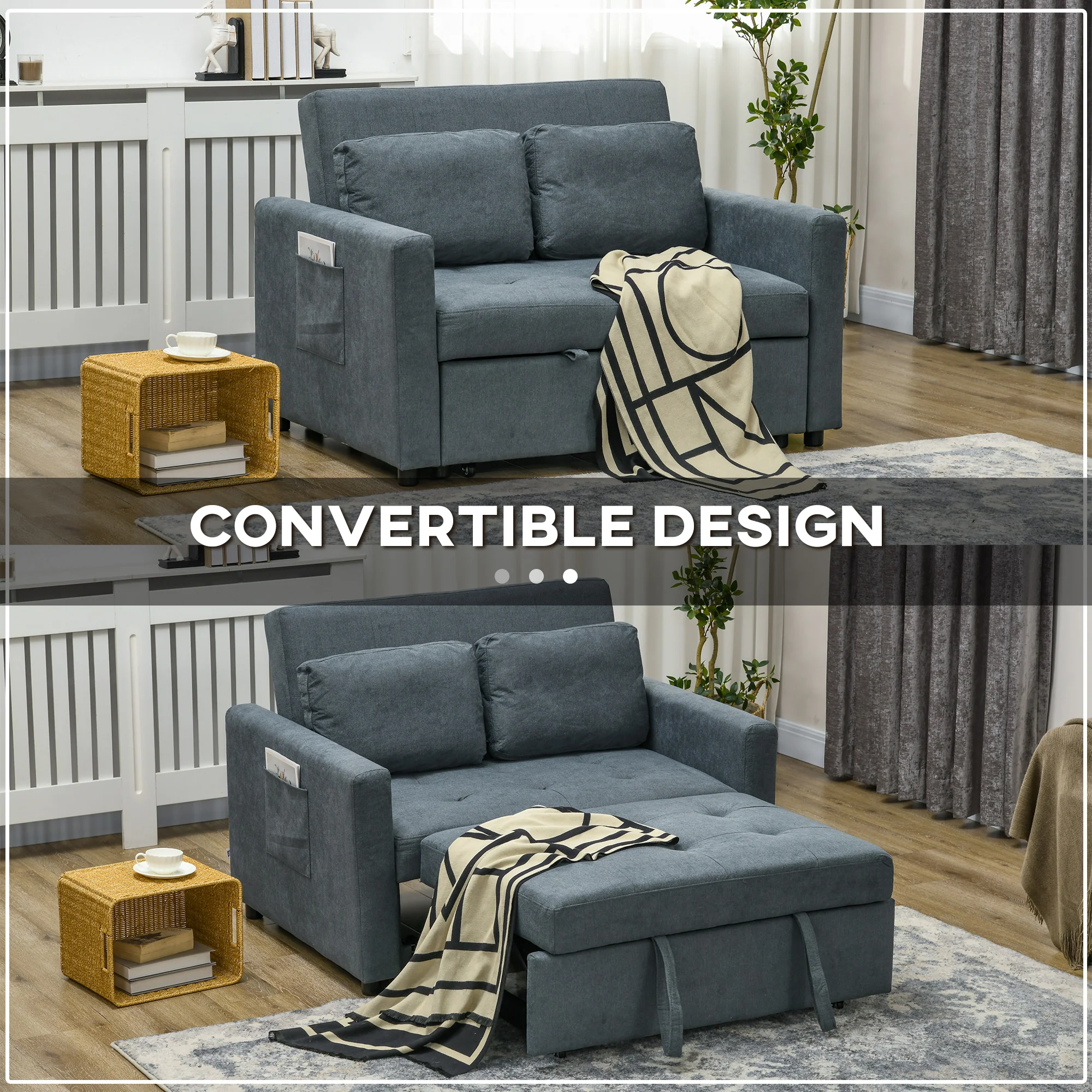 HOMCOM 2 Seater Sofa Bed Convertible Bed Settee With Cushions, Pockets, Grey - Image 3