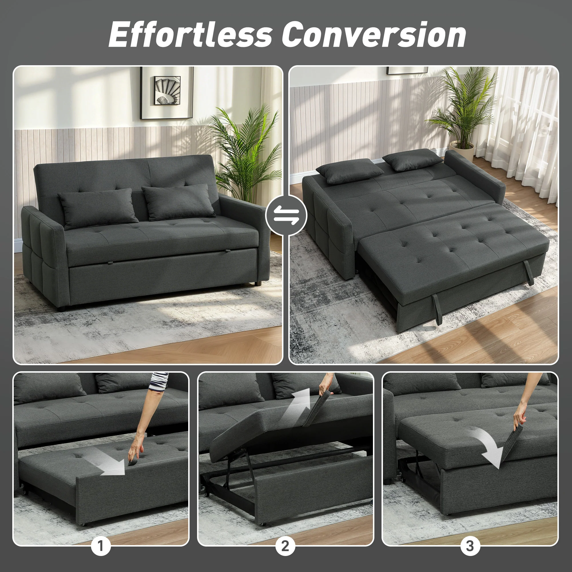 HOMCOM 2 Seater Sofa Bed, Convertible Pull Out Bed Settee, Charcoal Grey - Image 3