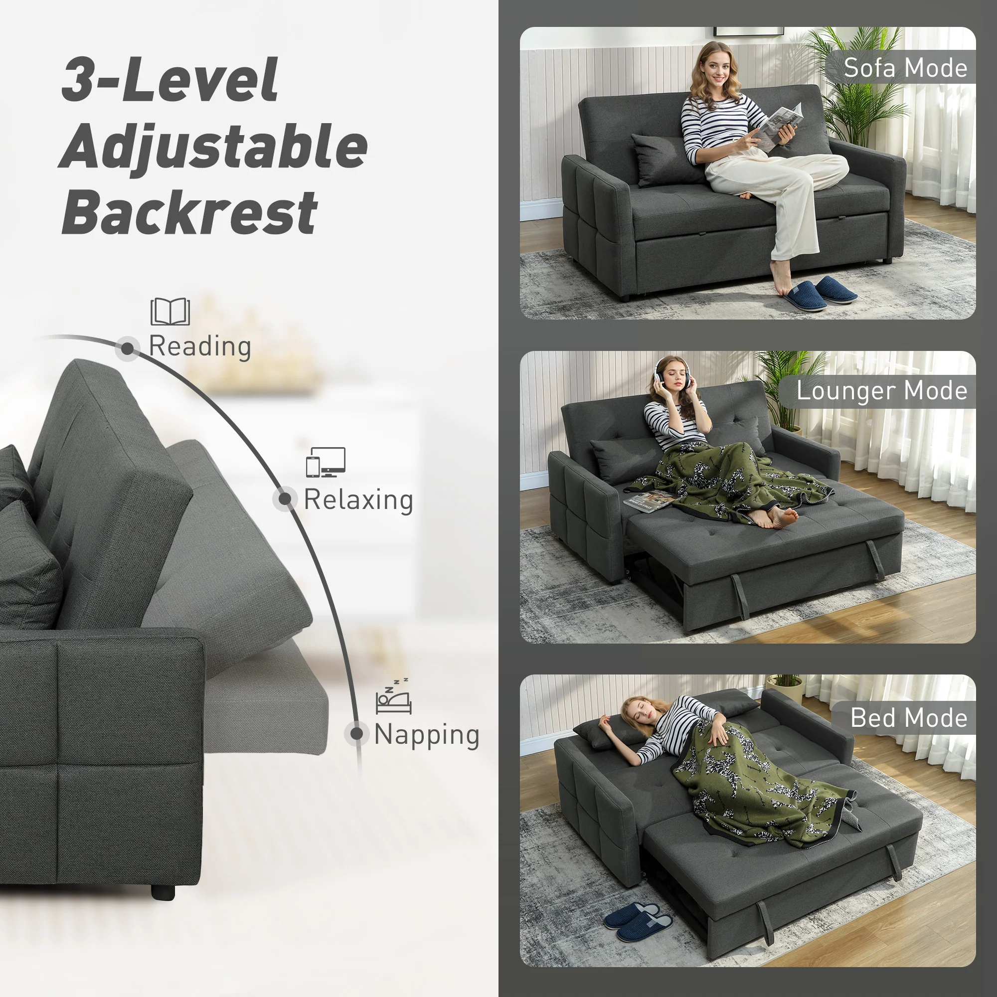 HOMCOM 2 Seater Sofa Bed, Convertible Pull Out Bed Settee, Charcoal Grey - Image 4