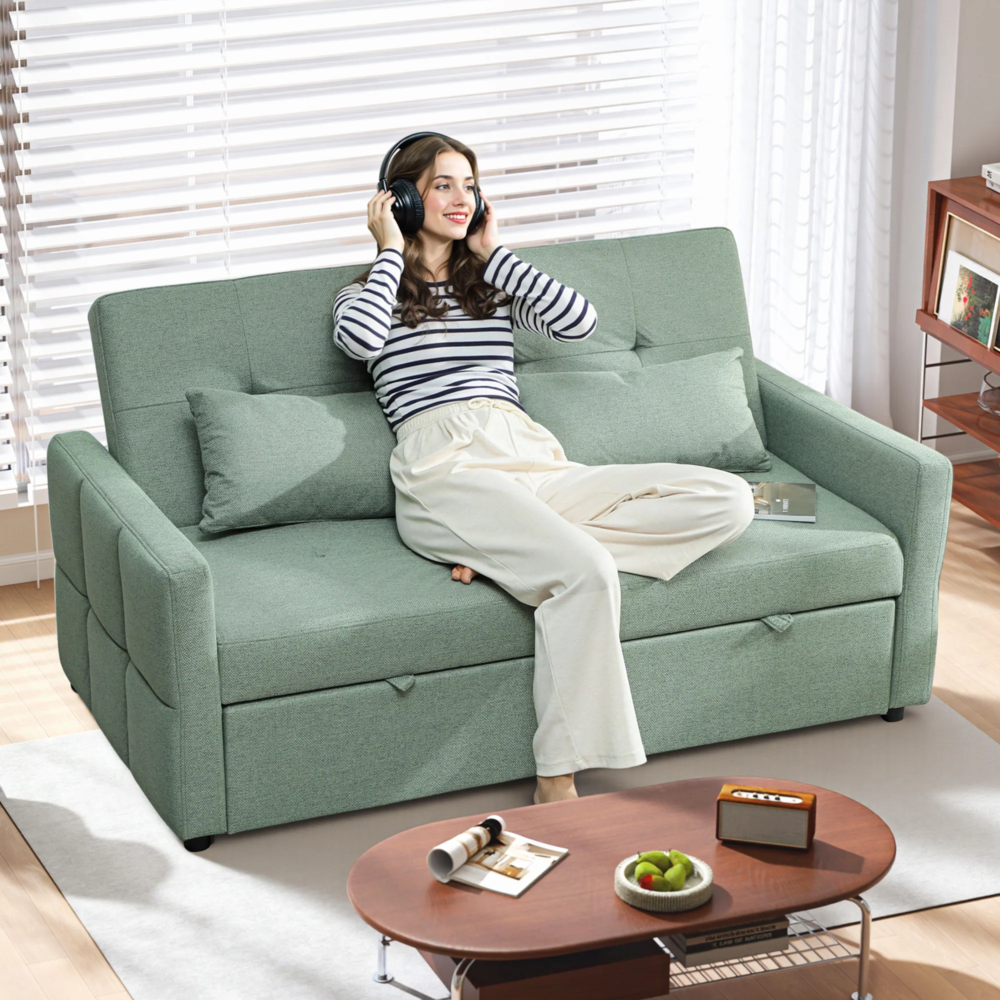 HOMCOM 2 Seater Sofa Bed, Convertible Pull Out Bed Settee, Light Green - Image 2