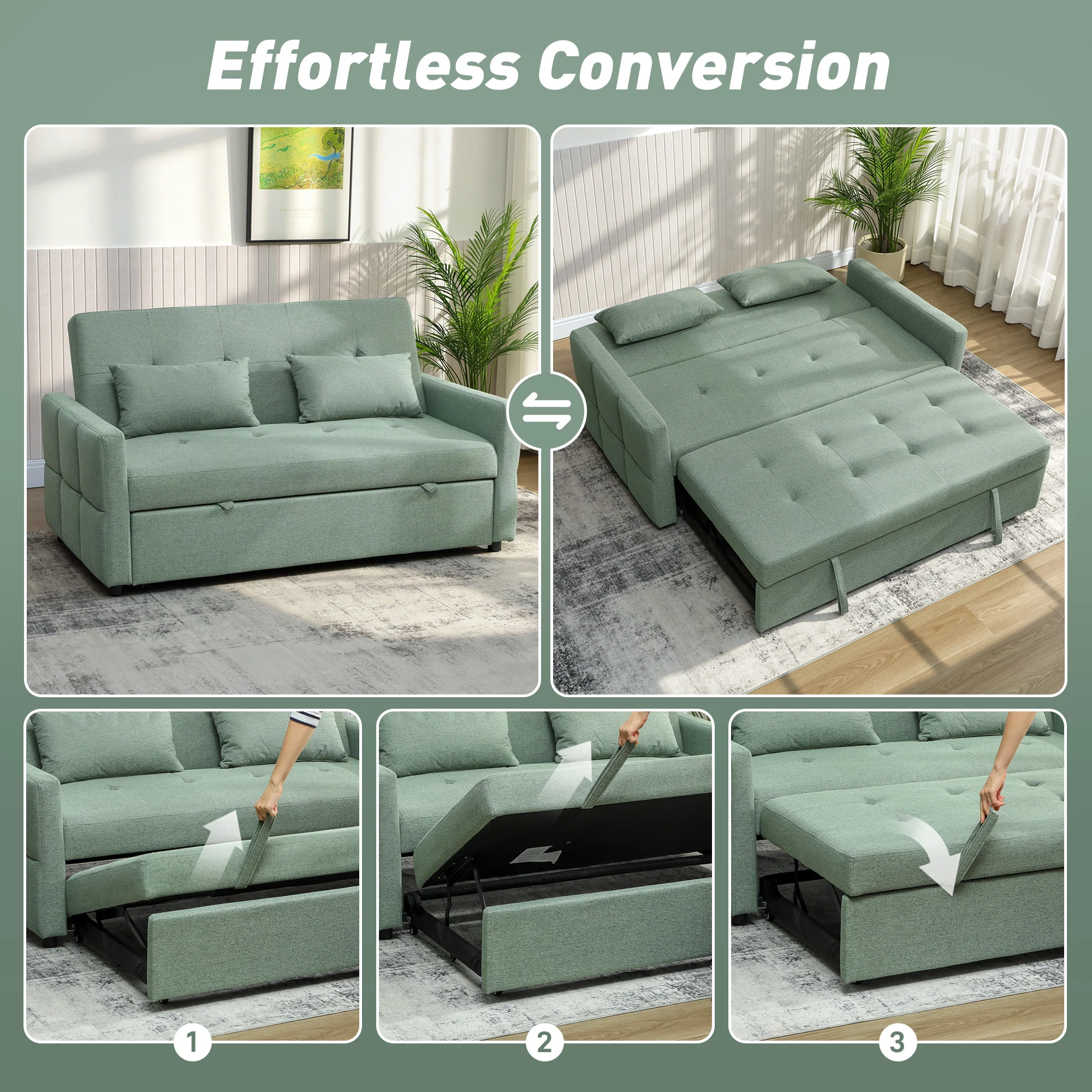 HOMCOM 2 Seater Sofa Bed, Convertible Pull Out Bed Settee, Light Green - Image 3