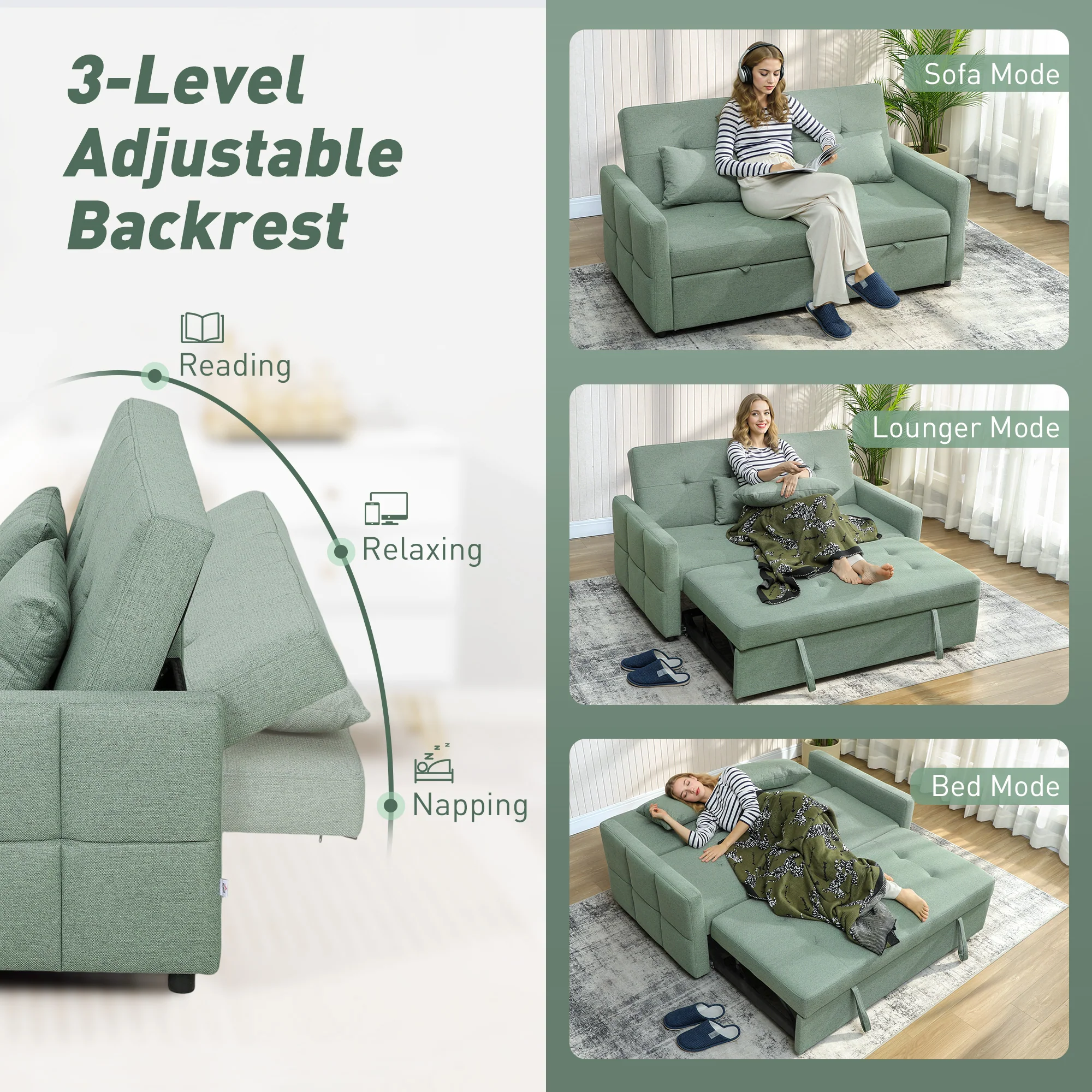 HOMCOM 2 Seater Sofa Bed, Convertible Pull Out Bed Settee, Light Green - Image 4