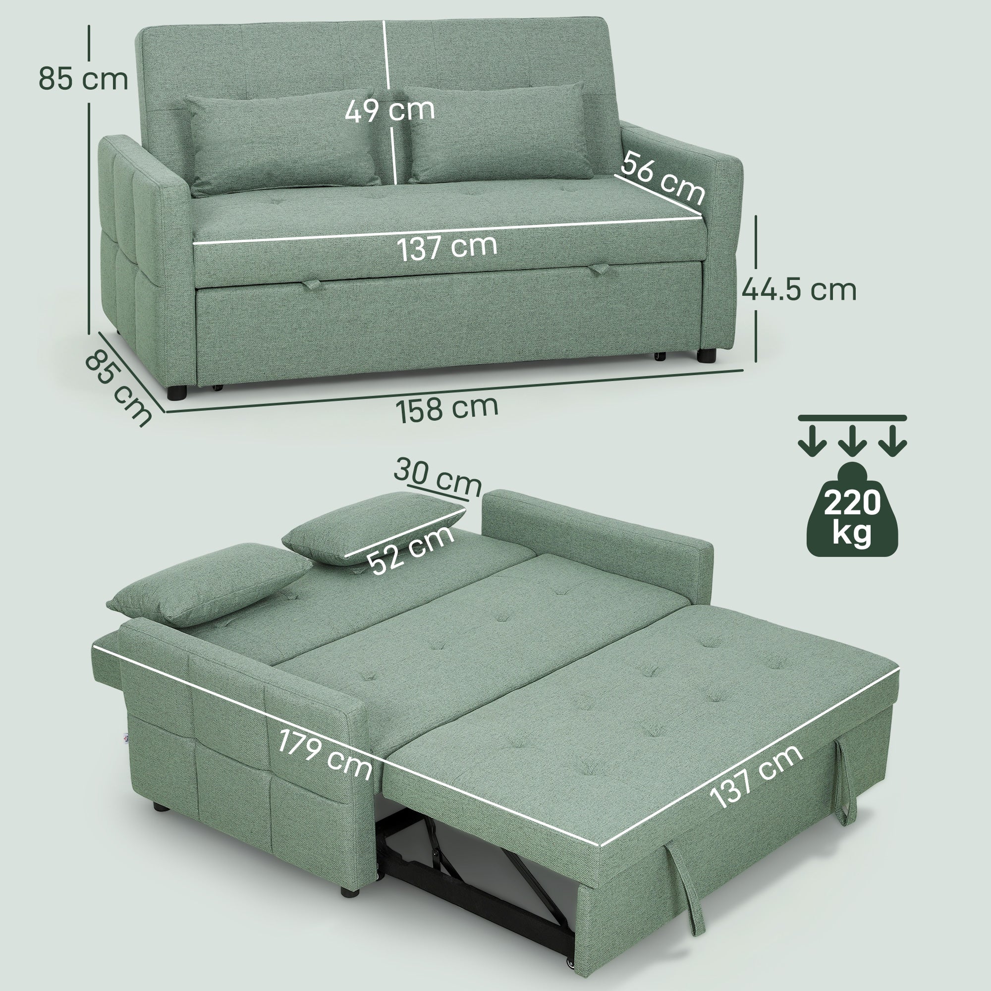 HOMCOM 2 Seater Sofa Bed, Convertible Pull Out Bed Settee, Light Green - Image 5