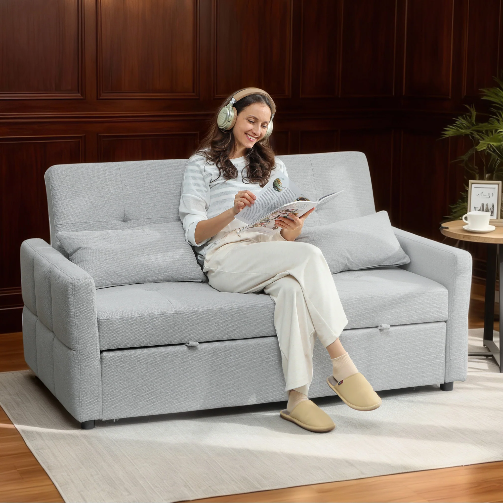 HOMCOM 2 Seater Sofa Bed, Convertible Pull Out Bed Settee, Light Grey - Image 2