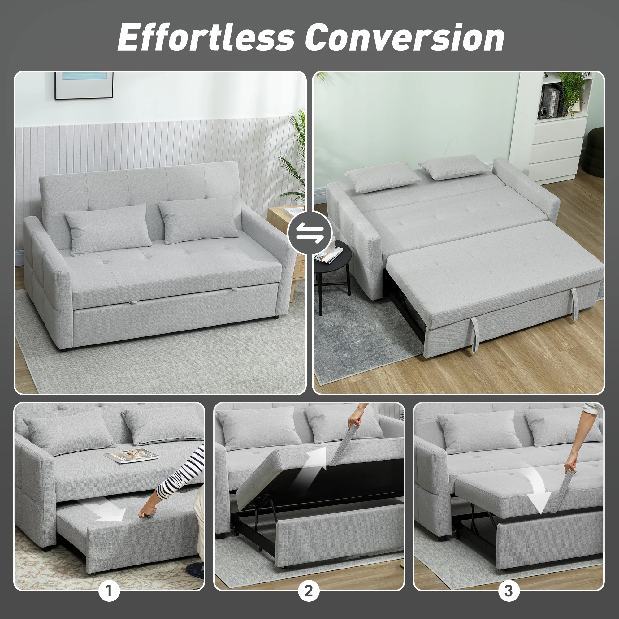 HOMCOM 2 Seater Sofa Bed, Convertible Pull Out Bed Settee, Light Grey - Image 3