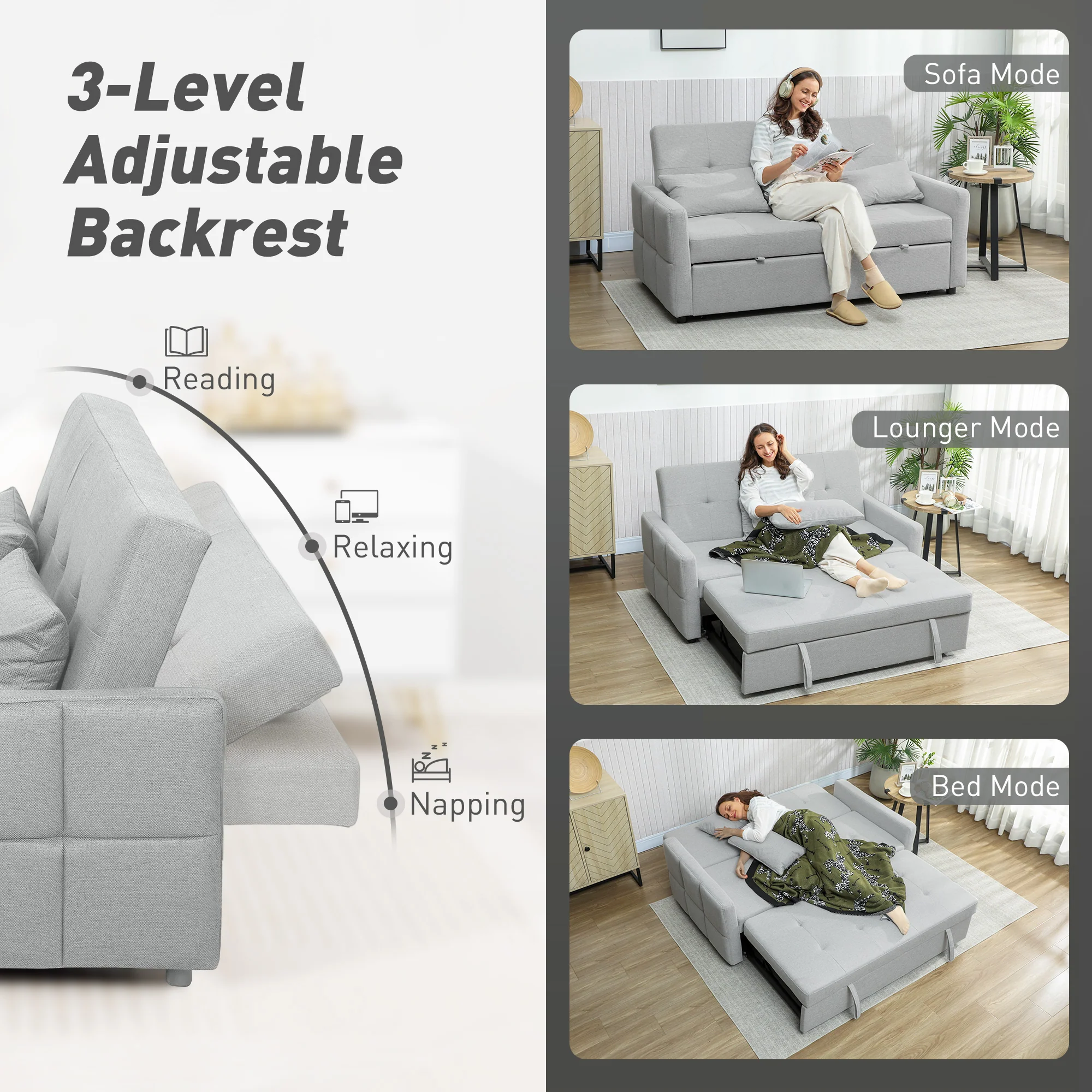 HOMCOM 2 Seater Sofa Bed, Convertible Pull Out Bed Settee, Light Grey - Image 4
