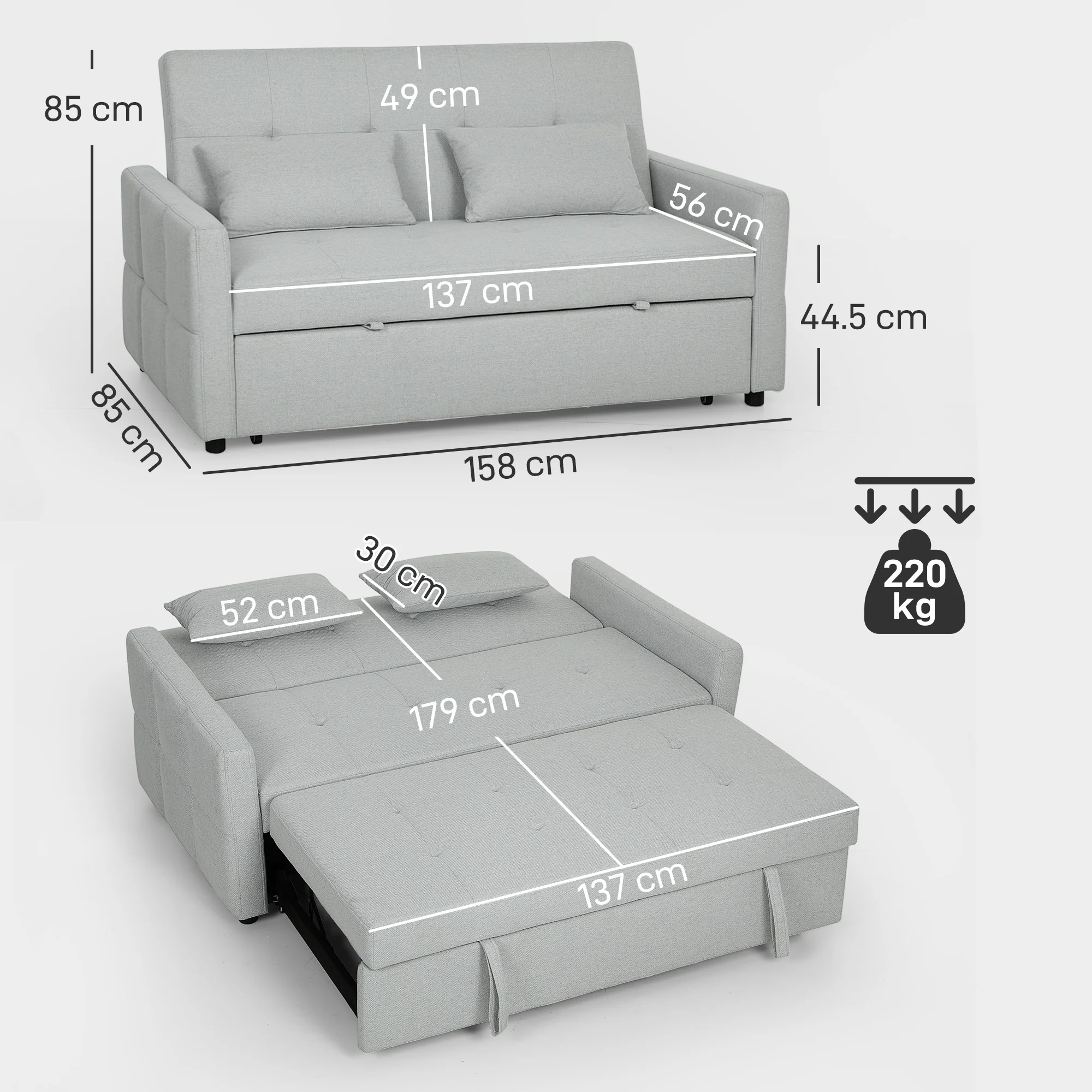 HOMCOM 2 Seater Sofa Bed, Convertible Pull Out Bed Settee, Light Grey - Image 5