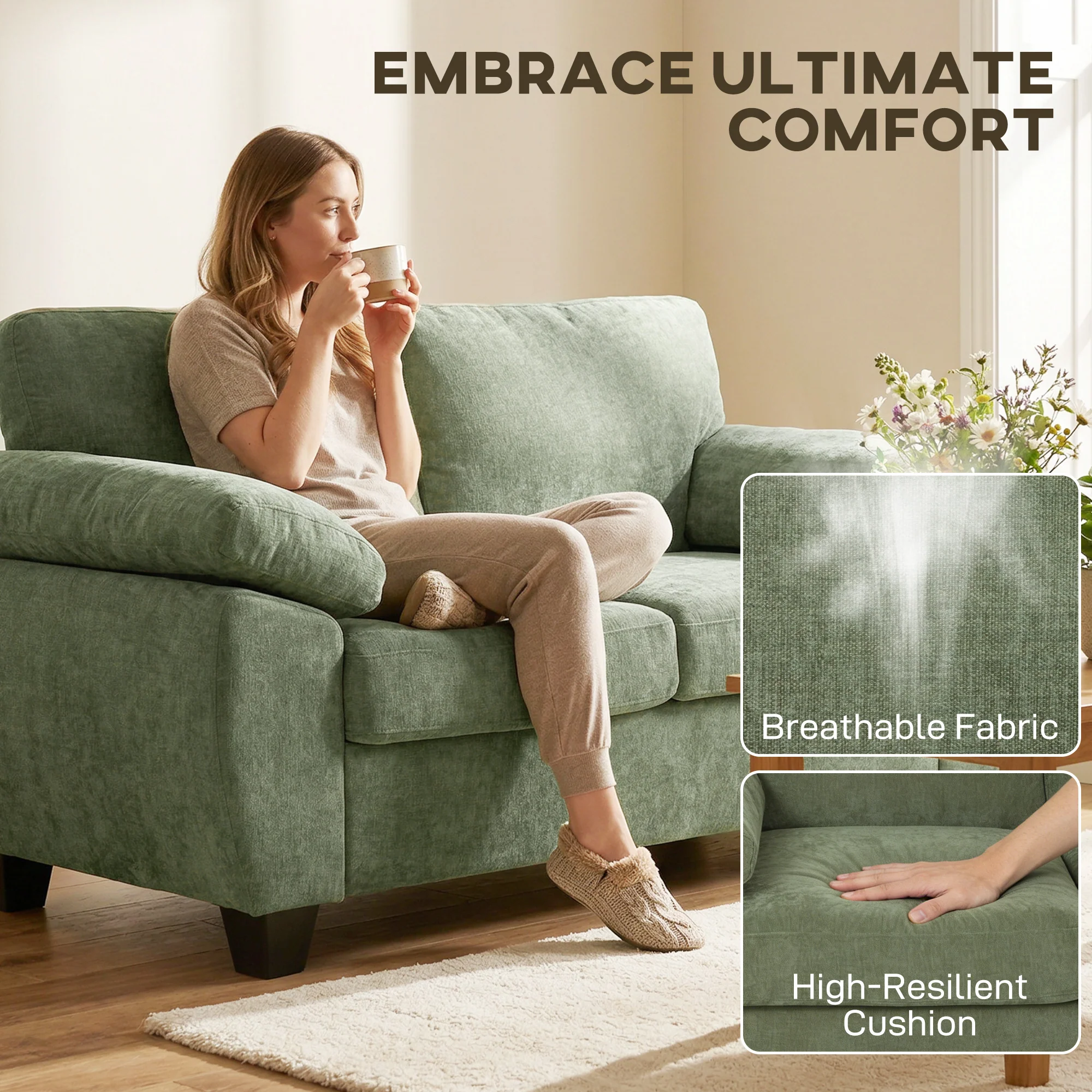 HOMCOM 2 Seater Sofa, Chenille Small Sofa with Spring Cushions, Dark Green - Image 3