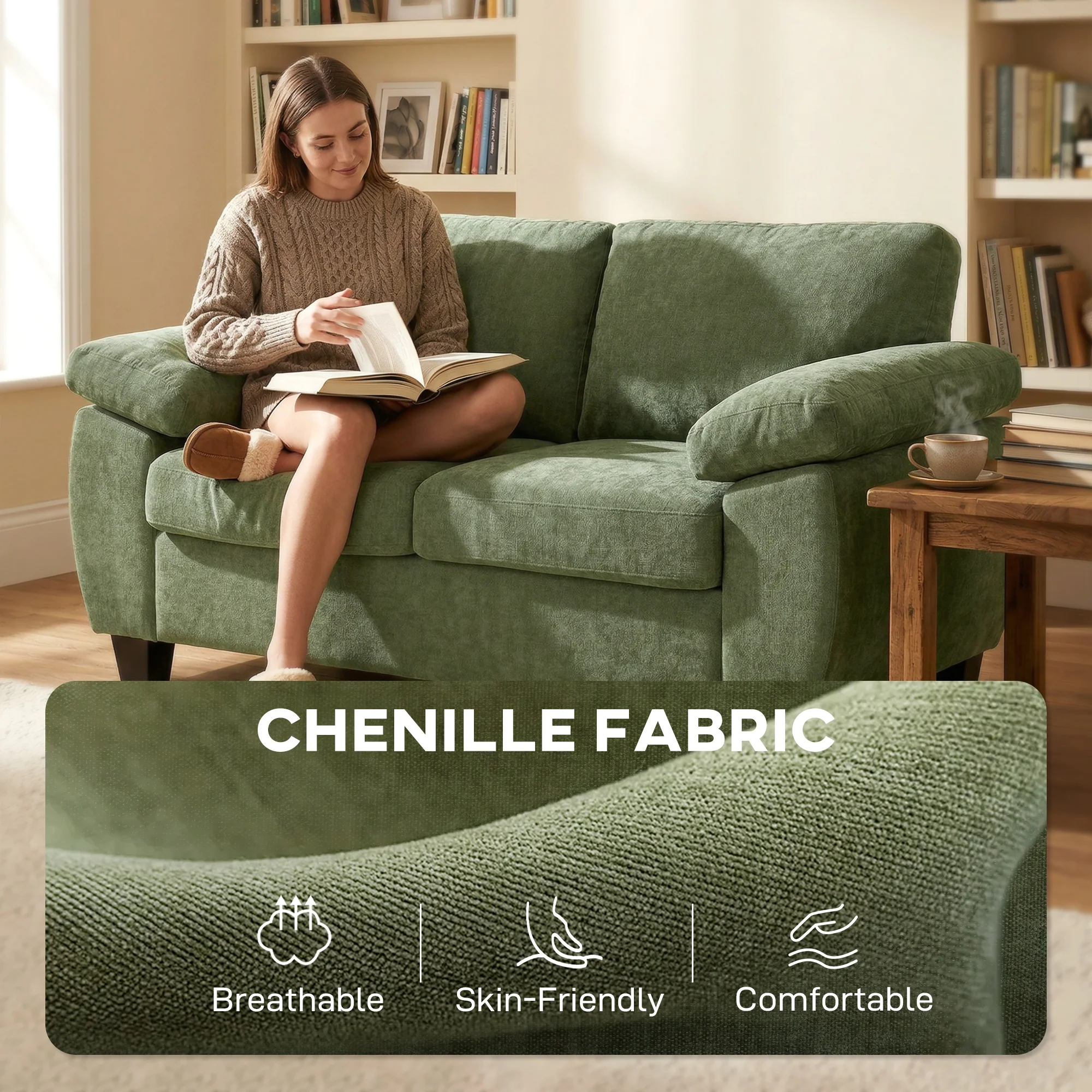 HOMCOM 2 Seater Sofa, Chenille Small Sofa with Spring Cushions, Dark Green - Image 4